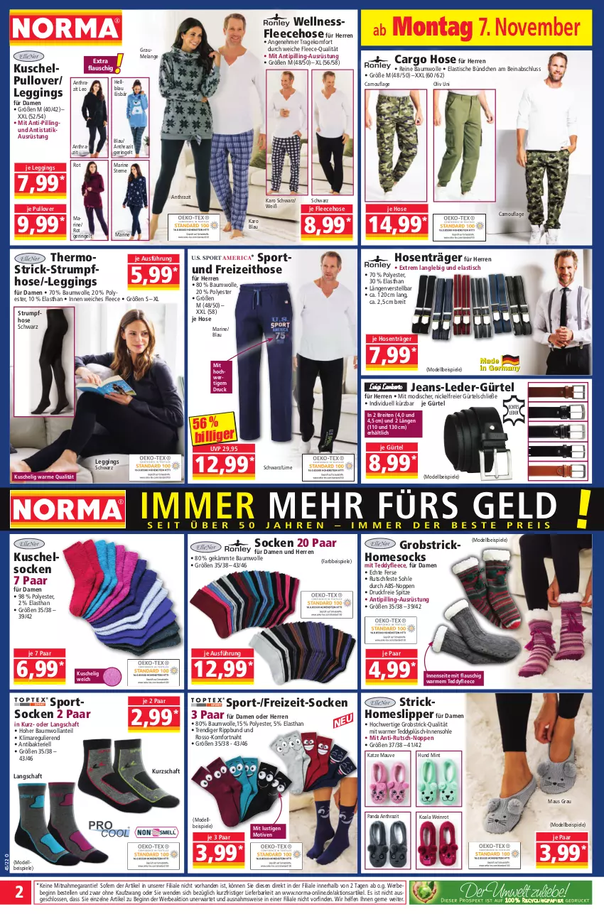 Aktueller Prospekt Norma - Norma - von 07.11 bis 14.11.2022 - strona 2 - produkty: asti, Bau, baumwolle, Bebe, Brei, dell, eier, eis, Elan, elle, Fleecehose, gin, hose, hosen, jeans, Kuschelsocken, leggings, Lusti, Maus, mint, Mode, obst, Plüsch, Pullover, reine baumwolle, ring, rum, slip, Slipper, socken, Spiele, Sport, sportsocken, Strumpfhose, Ti, Tipi, tisch, wein, wolle