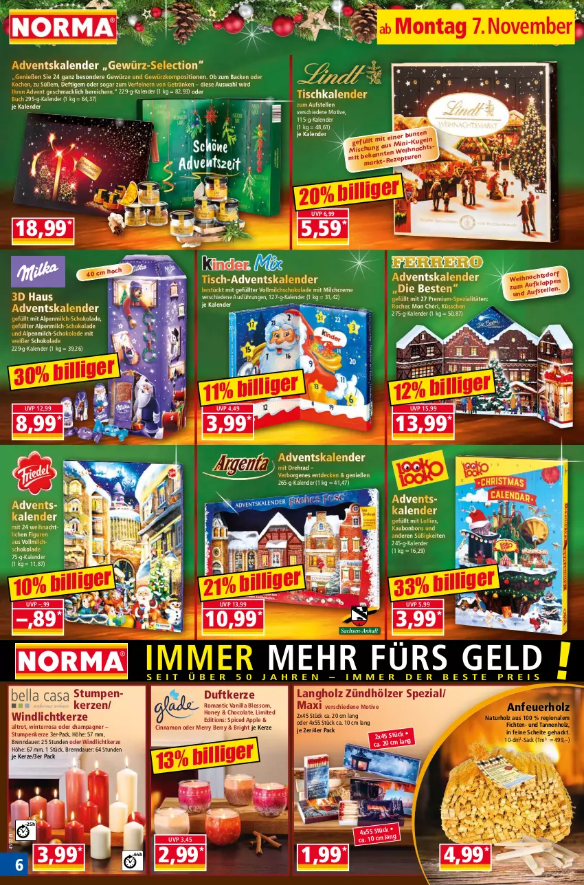 Aktueller Prospekt Norma - Norma - von 07.11 bis 14.11.2022 - strona 6 - produkty: Adventskalender, alpenmilch, Anfeuerholz, Apple, auer, bonbons, buch, champagne, champagner, cin, cola, creme, decke, Duftkerze, elle, getränk, getränke, gewürz, Holz, kerze, Kugel, mac, milch, Mon Chéri, natur, rezept, sac, schoko, schokolade, Spezi, Ti, tisch, vollmilch, windlicht