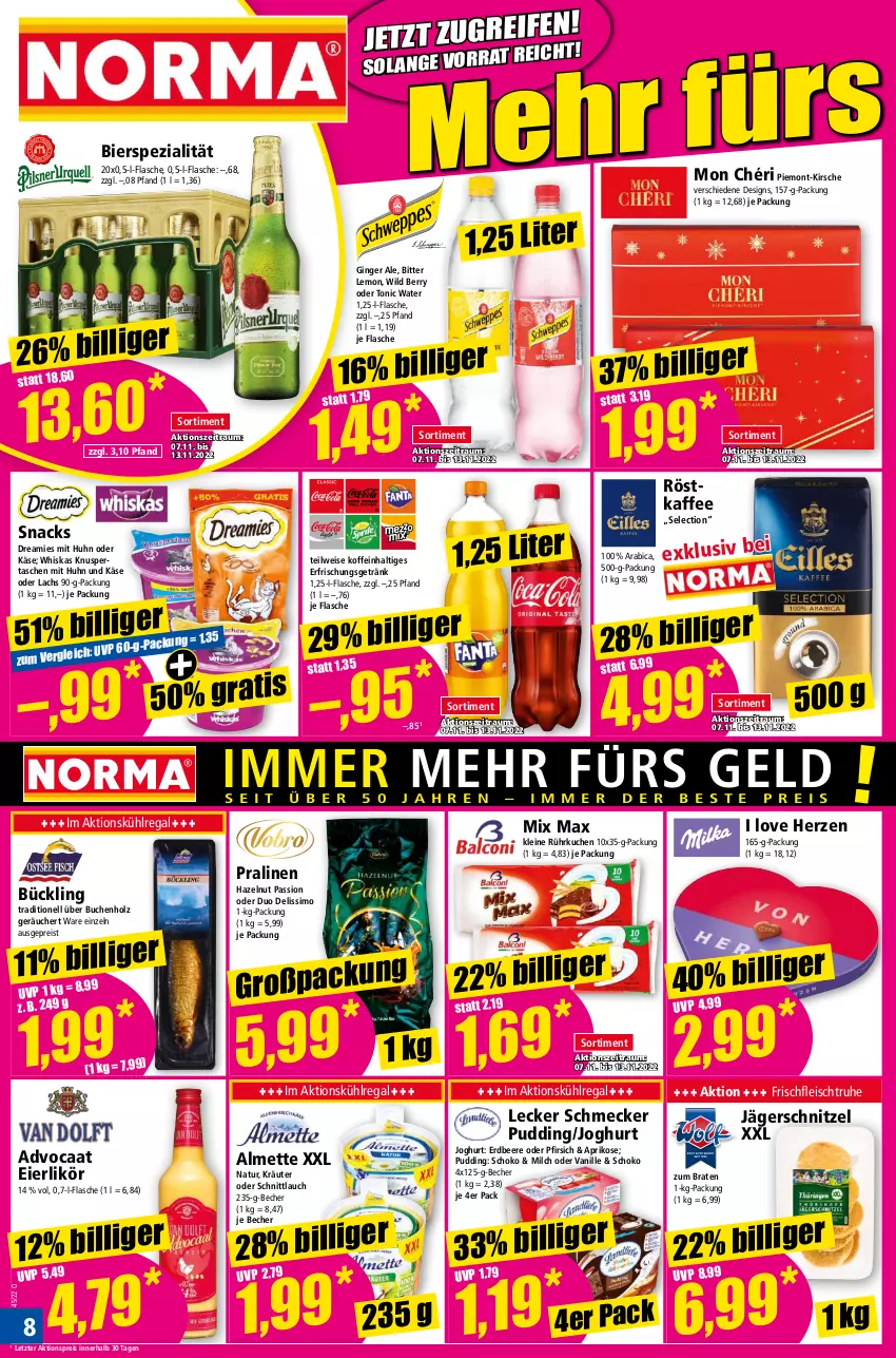 Aktueller Prospekt Norma - Norma - von 07.11 bis 14.11.2022 - strona 8 - produkty: aktionspreis, almette, aprikose, Becher, beere, bier, bitter lemon, braten, buch, dreamies, eier, eierlikör, eis, erdbeere, flasche, fleisch, getränk, gin, ginger, ginger ale, Holz, joghur, joghurt, kaffee, Käse, kirsch, kirsche, kräuter, kuchen, kühlregal, lachs, leine, likör, Mett, milch, Mon Chéri, natur, pfirsich, pralinen, pudding, regal, reis, röstkaffee, schnittlauch, schnitzel, schoko, sim, snack, snacks, Spezi, Tasche, taschen, Ti, tonic, tonic water, vanille, whiskas, Wild, wild berry, ZTE