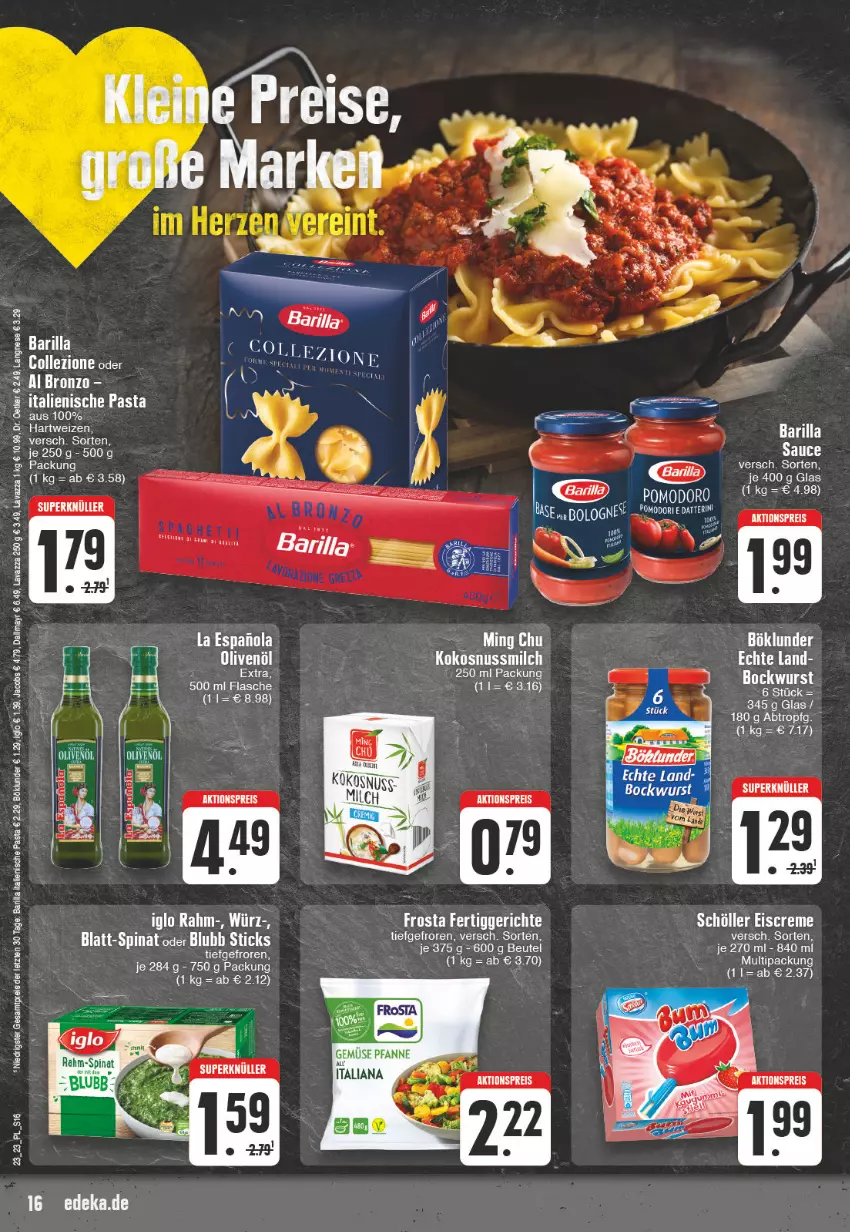 Aktueller Prospekt E Center - Angebote der Woche - von 29.05 bis 03.06.2023 - strona 16 - produkty: aktionspreis, barilla, beutel, böklunder, dallmayr, deka, Dr. Oetker, eis, fertiggericht, fertiggerichte, flasche, frosta, hartweizen, italienische pasta, kokos, kokosnuss, Kokosnussmilch, langnese, lavazza, milch, nuss, pasta, reis, spinat, Ti