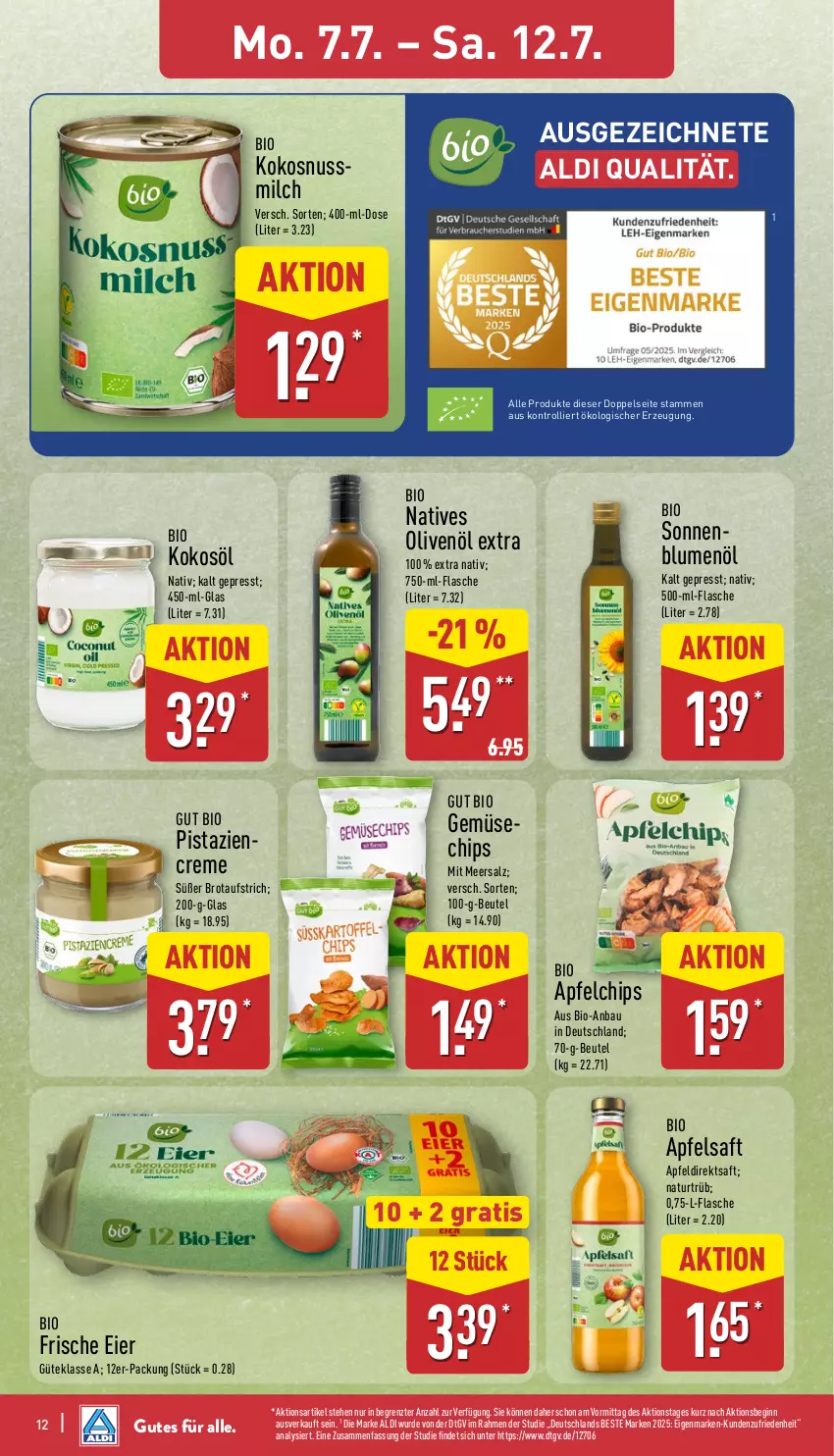 Aktueller Prospekt Aldi Nord - Von Montag - von 07.07 bis 12.07.2025 - strona 12 - produkty: aldi, apfel, Apfeldirektsaft, apfelsaft, aufstrich, Bau, beutel, bio, blume, blumen, blumenöl, brot, brotaufstrich, chips, creme, direktsaft, eier, flasche, gin, kokos, kokosnuss, Kokosnussmilch, kokosöl, meersalz, milch, natives olivenöl, natur, nuss, olive, oliven, olivenöl, olivenöl extra, pistazien, saft, salz, sonnenblume, sonnenblumen, sonnenblumenöl, Ti, trolli, ZTE