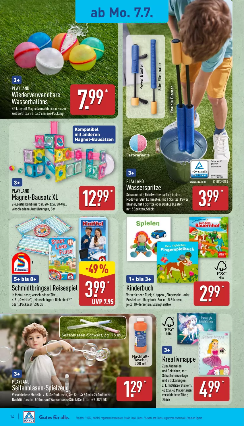 Aktueller Prospekt Aldi Nord - Von Montag - von 07.07 bis 12.07.2025 - strona 14 - produkty: ball, Bau, buch, dell, eis, elle, flasche, Kinder, Kinderbuch, LG, Magnet-Bausatz, Mode, Puzzle, reis, Ria, ring, rwe, Seife, Spiele, spielzeug, Ti, wasser, Wasserball, Wasserballons, Wasserspritze