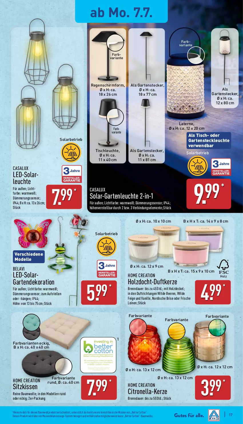 Aktueller Prospekt Aldi Nord - Von Montag - von 07.07 bis 12.07.2025 - strona 17 - produkty: auer, Bau, baumwolle, beere, beeren, bett, decke, Deckel, dekoration, dell, Duftkerze, eis, elle, ente, Garten, Gartendekoration, Holz, kerze, kissen, laterne, led-solarleuchte, leine, Leuchte, Mode, reine baumwolle, Ria, rwe, sitzkissen, Solargartendekoration, solarleuchte, Ti, tisch, tischleuchte, vanille, Wild, wolle