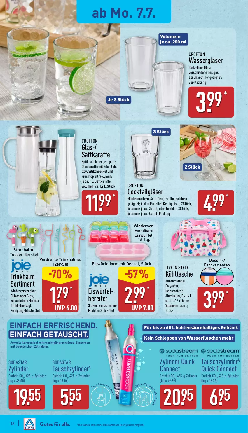 Aktueller Prospekt Aldi Nord - Von Montag - von 07.07 bis 12.07.2025 - strona 18 - produkty: Bau, bürste, cocktail, Crofton, decke, Deckel, dell, edelstahl, eis, eiswürfel, eiswürfelbereiter, elle, flasche, frucht, getränk, Gläser, glaskaraffe, Karaffe, kühltasche, LG, Mode, Reinigung, reinigungsbürste, Ria, rwe, saft, Schriftzug, Soda, spülmaschinen, Tasche, Ti, topper, Trinkhalme, wasser, würfel