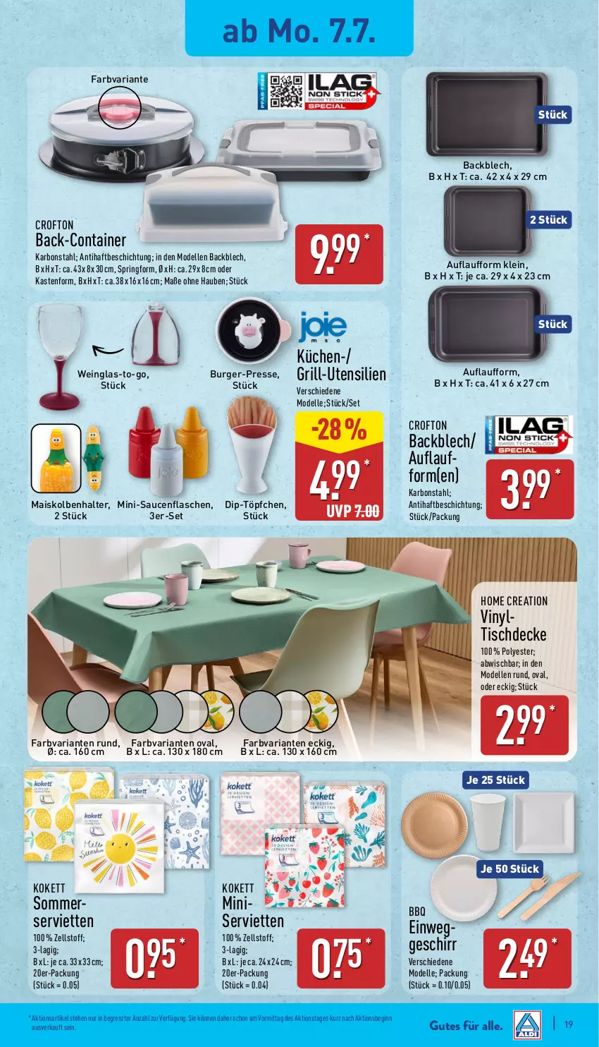 Aktueller Prospekt Aldi Nord - Von Montag - von 07.07 bis 12.07.2025 - strona 19 - produkty: burger, Container, Crofton, decke, dell, dip, elle, flasche, geschirr, gin, grill, küche, Küchen, mais, Mode, Ria, ring, sauce, saucen, Serviette, servietten, Springform, Ti, tisch, tischdecke, Töpfchen, wein, ZTE