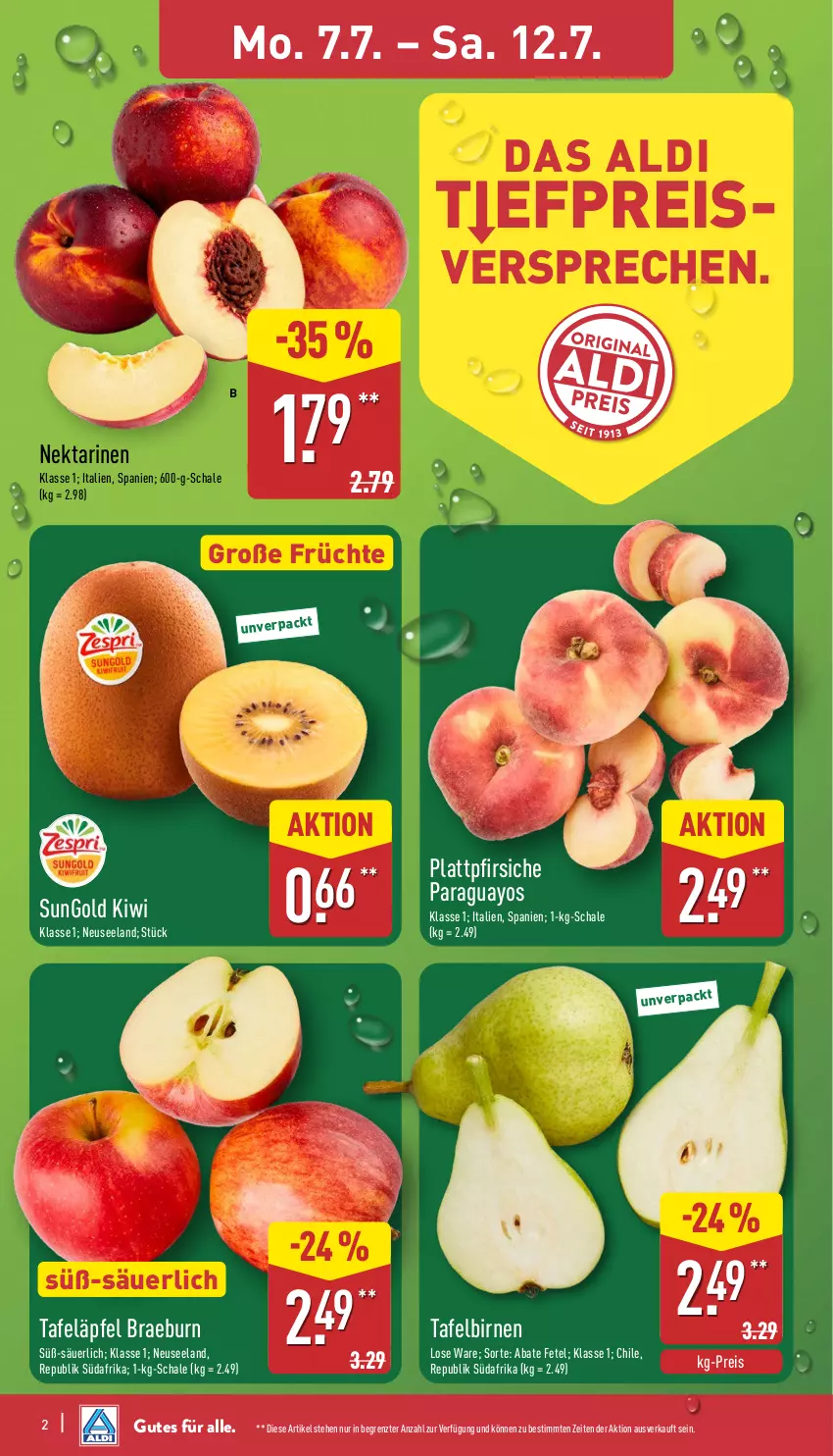 Aktueller Prospekt Aldi Nord - Von Montag - von 07.07 bis 12.07.2025 - strona 2 - produkty: aldi, Birnen, eis, Elan, früchte, kiwi, Nektar, nektarinen, paraguayos, pfirsich, pfirsiche, plattpfirsiche, reis, Schal, Schale, tafeläpfel, tafelbirnen, Ti, Yo, ZTE