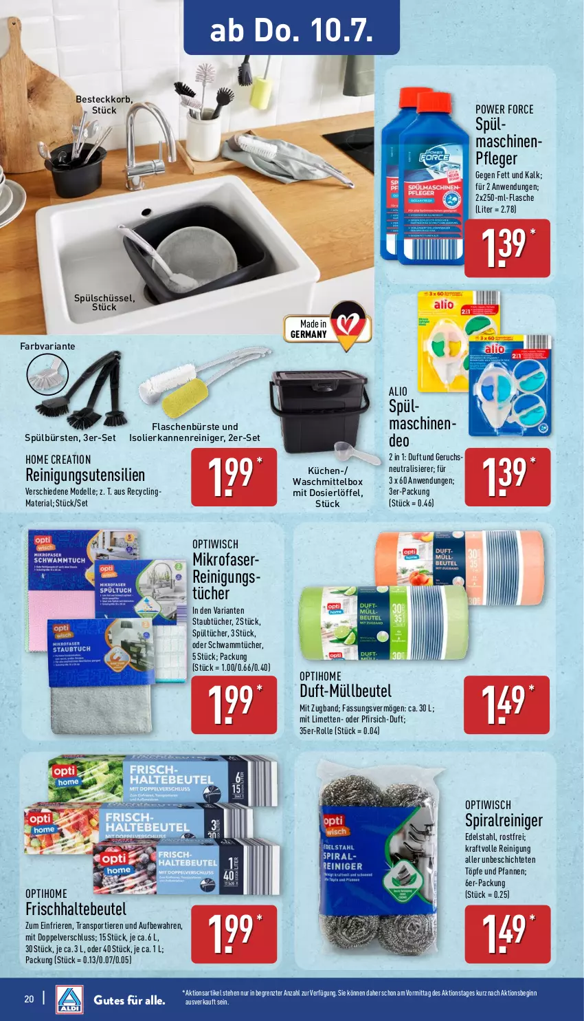 Aktueller Prospekt Aldi Nord - Von Montag - von 07.07 bis 12.07.2025 - strona 20 - produkty: besteck, beutel, bürste, bürsten, Clin, dell, deo, edelstahl, elle, flasche, Germ, gin, isolierkanne, korb, kraft, küche, Küchen, limette, limetten, Löffel, Maschinenpfleger, Mett, metten, mikrofaser, Mode, müllbeutel, Optiwisch, pfanne, pfannen, pfirsich, recyclingmaterial, reiniger, Reinigung, reinigungstücher, Ria, schüssel, schwamm, Sport, spülmaschinen, Ti, Tiere, tücher, und pfanne, waschmittel, ZTE