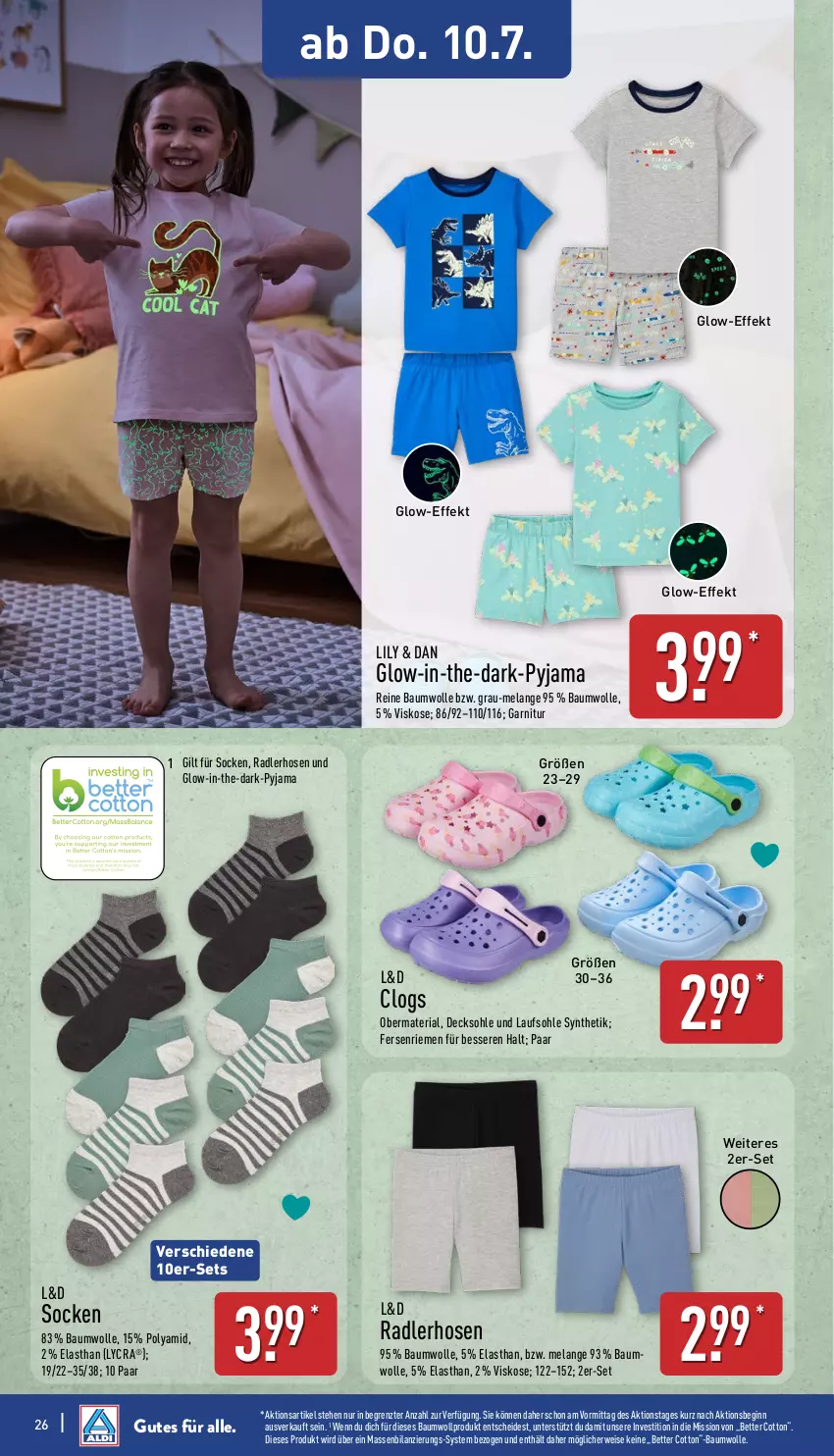 Aktueller Prospekt Aldi Nord - Von Montag - von 07.07 bis 12.07.2025 - strona 26 - produkty: Bau, baumwolle, bett, Clogs, decksohle, eis, Elan, garnitur, gin, hose, hosen, Pyjama, radler, reine baumwolle, Ria, rwe, socken, Ti, wolle, ZTE