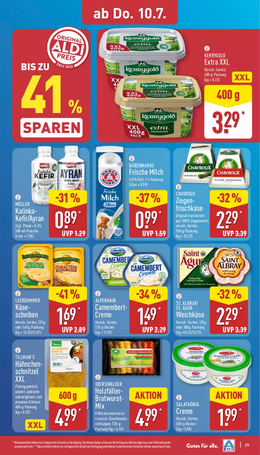 Aktueller Prospekt Aldi Nord - Von Montag - von 07.07 bis 12.07.2025 - strona 29 - produkty: albray, Alpenhain, Ayran, bärenmarke, Becher, braten, bratwurst, camembert, chavroux, creme, flasche, frische milch, frischkäse, gewürz, gin, Hähnchenschnitzel, Holz, Käse, käsescheiben, Kefir, kerrygold, kerrygold extra, leerdammer, mac, milch, Müller, salat, schnitzel, St. Albray, Ti, weichkäse, wurst, ziegenfrischkäse, ZTE