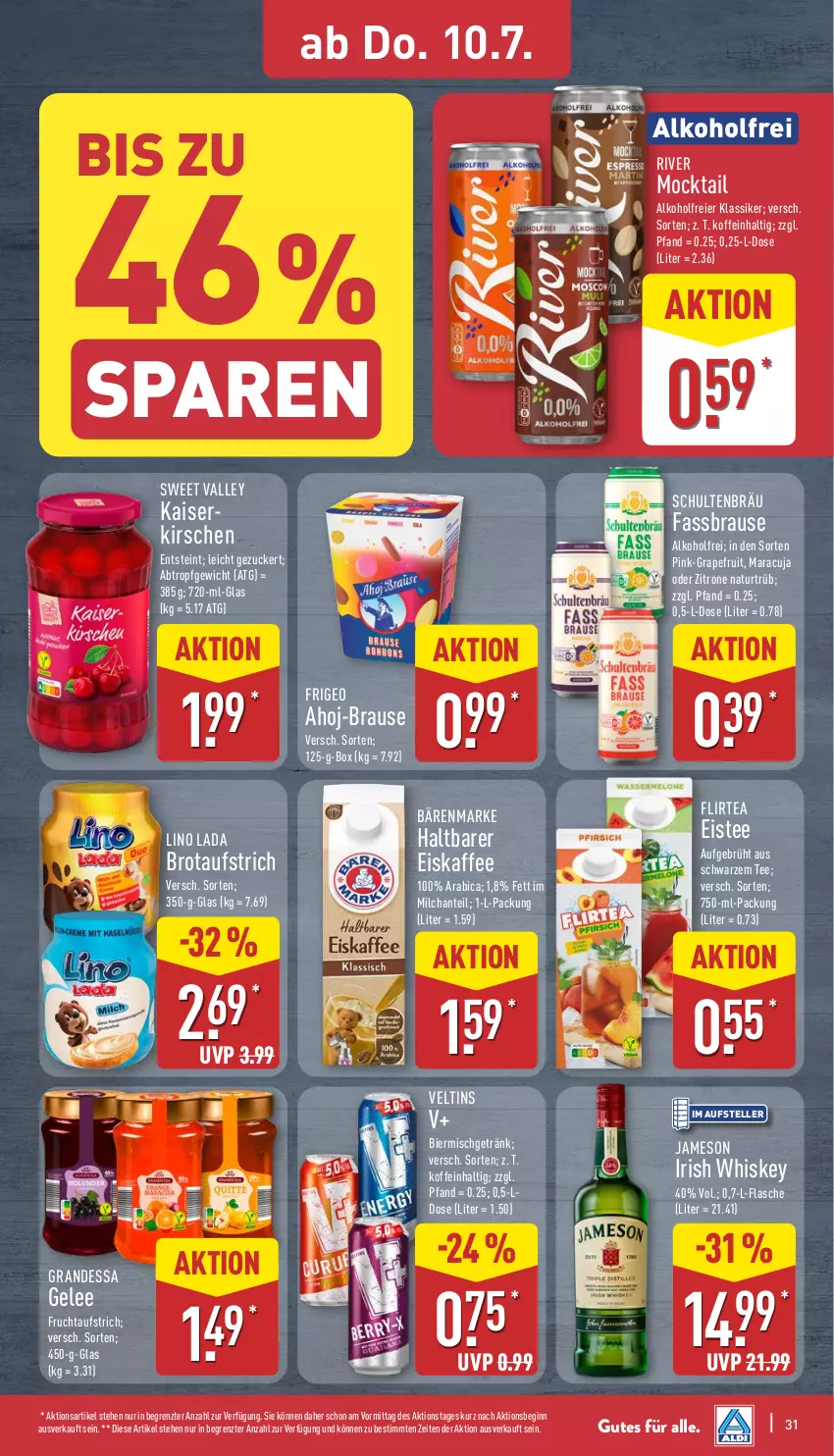Aktueller Prospekt Aldi Nord - Von Montag - von 07.07 bis 12.07.2025 - strona 31 - produkty: ahoj-brause, alkohol, aufstrich, bärenmarke, bier, brause, brot, brotaufstrich, eier, eis, eiskaffee, eistee, elle, fassbrause, flasche, frucht, fruchtaufstrich, gelee, getränk, gin, grandessa, grapefruit, irish whiskey, jameson, kaffee, Kaiser, kirsch, kirsche, kirschen, maracuja, milch, natur, tee, teller, Ti, veltins, whiskey, zitrone, ZTE, zucker