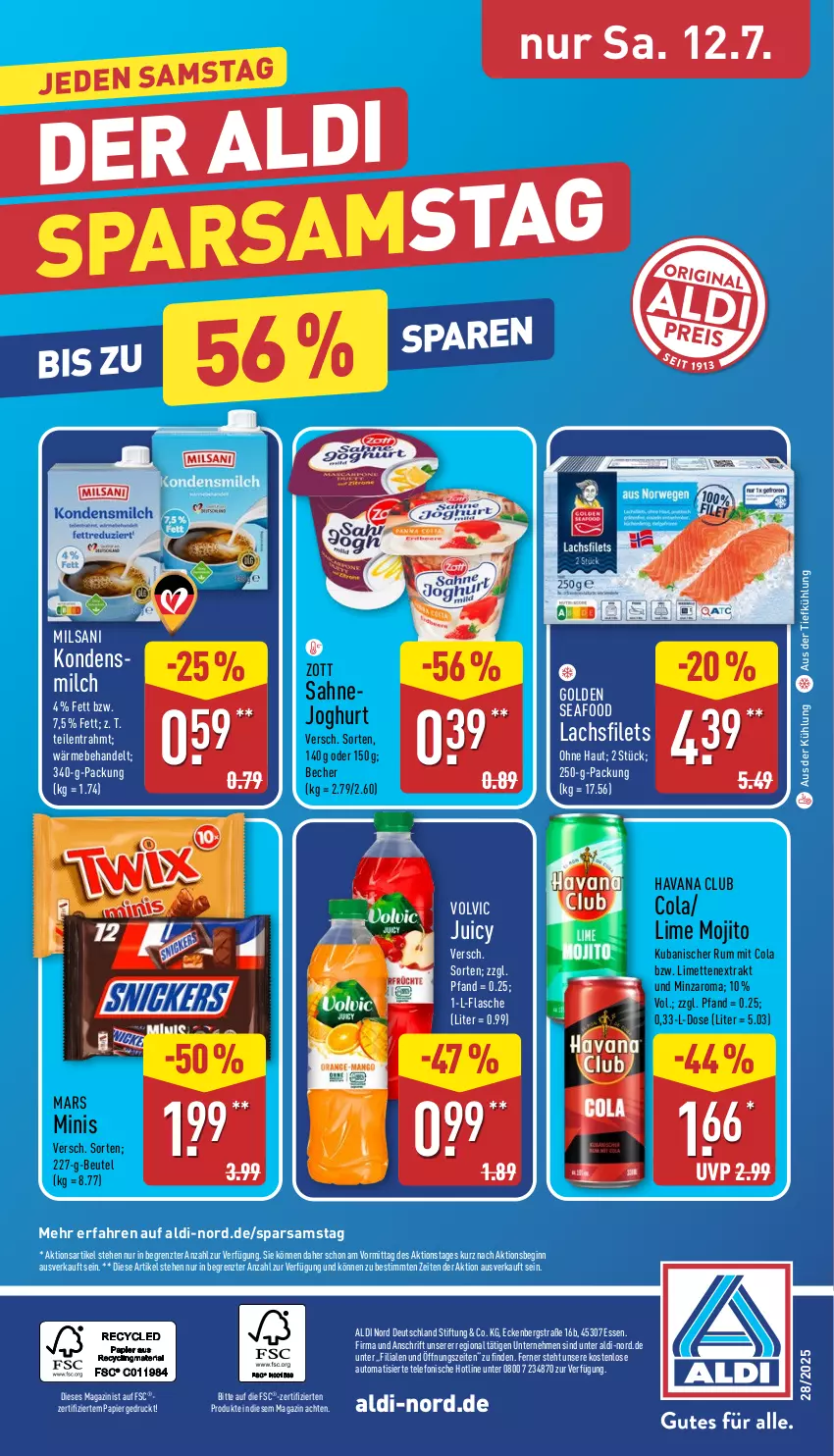 Aktueller Prospekt Aldi Nord - Von Montag - von 07.07 bis 12.07.2025 - strona 36 - produkty: aldi, aus der tiefkühlung, auto, Becher, beutel, cola, filet, filets, flasche, gin, Havana Club, joghur, joghurt, kondensmilch, lachs, lachsfilet, lachsfilets, limette, limetten, magazin, mars, Mett, metten, milch, mojito, papier, rum, sahne, Sahnejoghurt, telefon, Ti, volvic, zott, ZTE