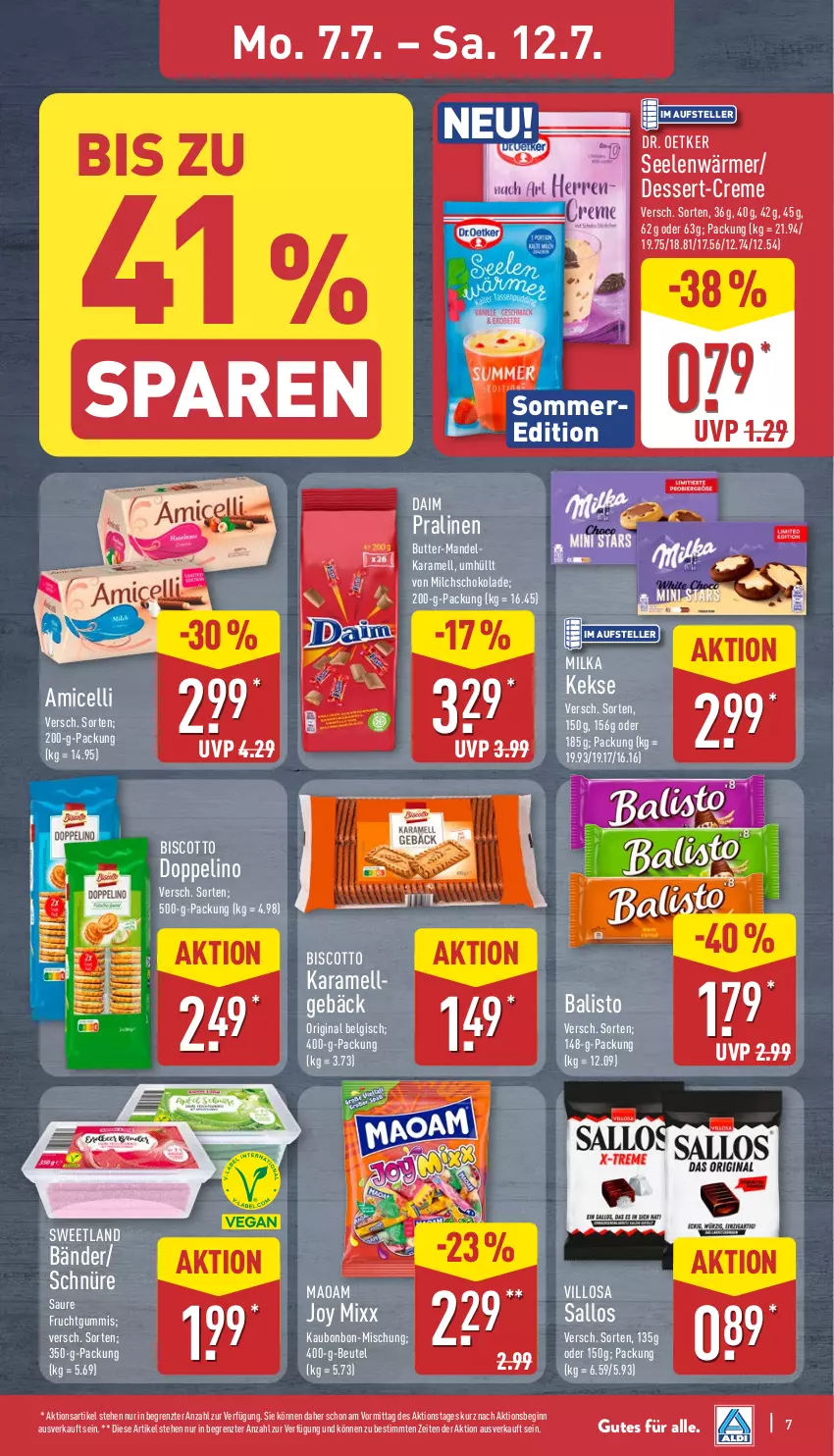 Aktueller Prospekt Aldi Nord - Von Montag - von 07.07 bis 12.07.2025 - strona 7 - produkty: amicelli, balisto, beutel, biscotto, butter, creme, daim, dessert, Dr. Oetker, elle, frucht, fruchtgummi, fruchtgummis, gin, karamell, keks, kekse, LG, mandel, maoam, milch, milka, pralinen, schoko, schokolade, Sweetland, teller, Ti, ZTE