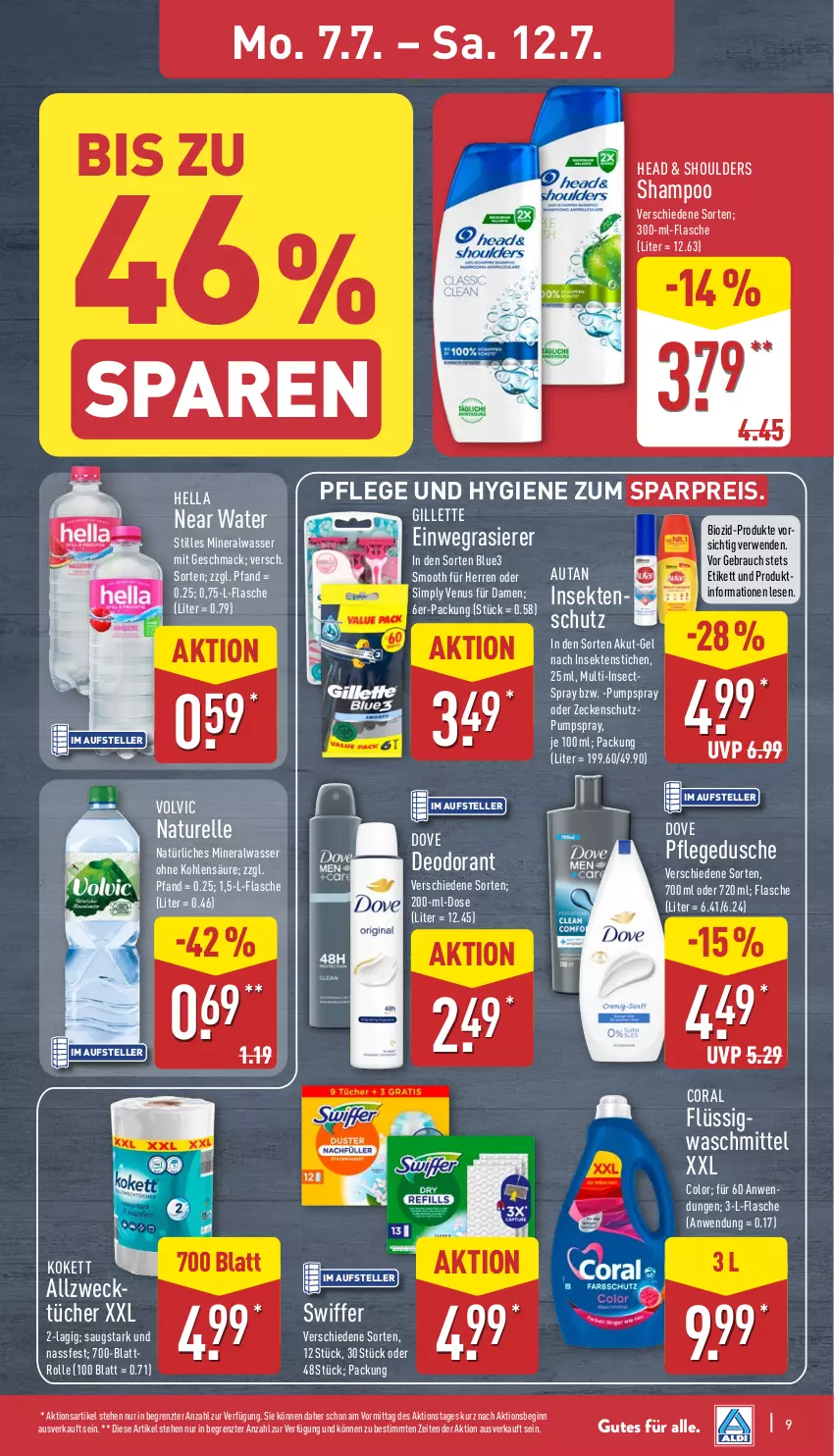 Aktueller Prospekt Aldi Nord - Von Montag - von 07.07 bis 12.07.2025 - strona 9 - produkty: Allzwecktücher, Alwa, Autan, bio, Coral, deo, deodorant, dove, dusche, einwegrasierer, eis, elle, flasche, gillette, gin, hella, insektenschutz, mac, mineralwasser, natur, natürliches mineralwasser, pflegedusche, rasierer, Rauch, reis, rel, rwe, sekt, shampoo, sim, swiffer, teller, Ti, tücher, venus, volvic, waschmittel, wasser, weck, ZTE