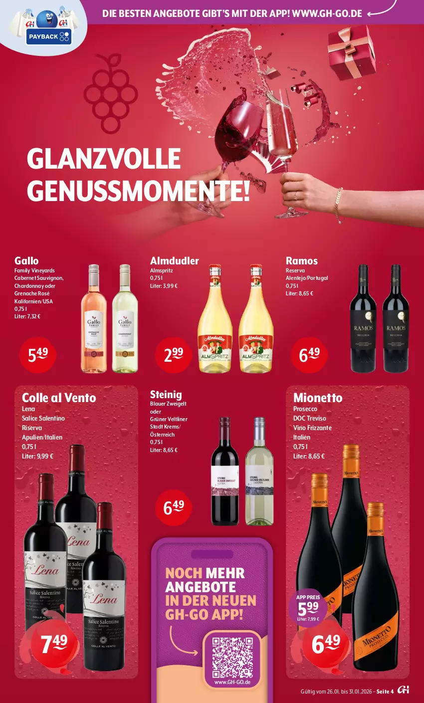 Aktueller Prospekt Getraenke Hoffmann - Prospekte - von 26.01 bis 31.01.2026 - strona 4 - produkty: almdudler, angebot, angebote, auer, blauer zweigelt, cabernet, cabernet sauvignon, chardonnay, ecco, eis, ente, frizzante, gallo, gallo family, grüner veltliner, mionetto, nuss, prosecco, reis, riserva, sauvignon, Ti, Zweigelt
