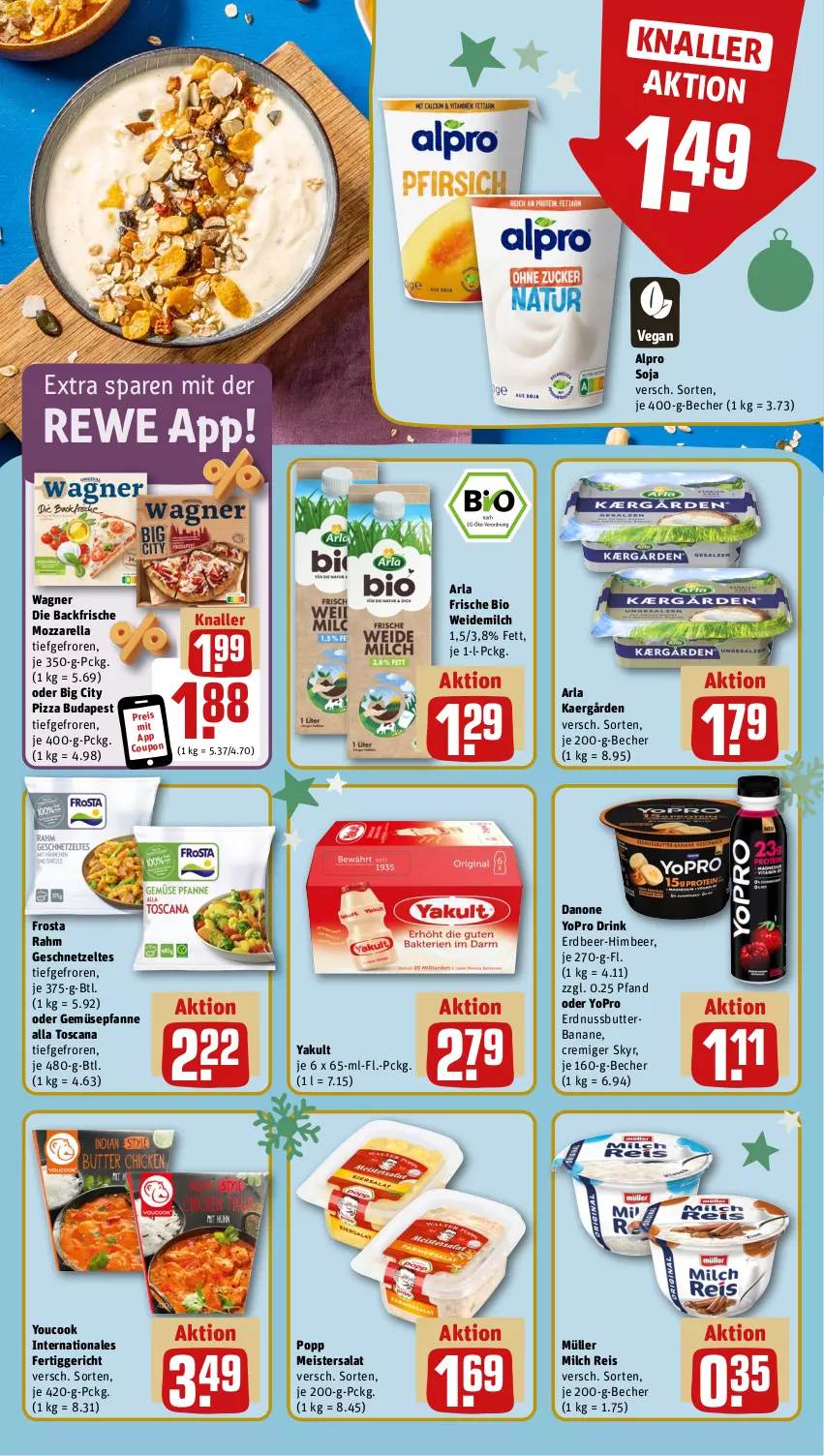 Aktueller Prospekt Rewe - Prospekte - von 02.12 bis 07.12.2024 - strona 10 - produkty: alpro, arla, banane, Becher, bio, butter, coupon, danone, drink, eis, erdnuss, Erdnussbutter, fertiggericht, frosta, geschnetzeltes, himbeer, Meister, milch, mozzarella, Müller, nuss, pfanne, pizza, Popp, reis, rel, salat, Skyr, soja, Ti, wagner, weidemilch, Yo, YouCook, Zelt