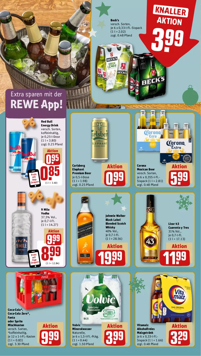 Aktueller Prospekt Rewe - Prospekte - von 02.12 bis 07.12.2024 - strona 11 - produkty: alkohol, Alwa, black label, blended scotch, blended scotch whisky, carlsberg, coca-cola, cola, corona, coupon, drink, eis, elle, energy drink, fanta, fanta oder, fanta oder sprite, getränk, johnnie walker, lack, licor, licor 43, malz, mineralwasser, natur, oder sprite, red bull, reis, rel, scotch, scotch whisky, sprite, Ti, vita, vitamalz, vodka, volvic, wasser, whisky