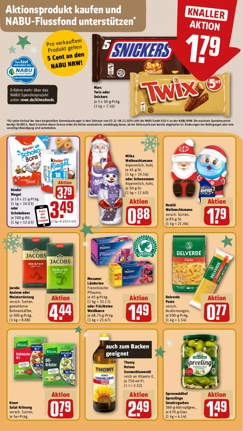 Aktueller Prospekt Rewe - Prospekte - von 02.12 bis 07.12.2024 - strona 12 - produkty: alpenmilch, auto, beere, blume, blumen, blumenöl, bohne, bohnen, bohnenkaffee, eis, erde, früchte, Früchtetee, gemahlener bohnenkaffee, gewürz, Gewürzgurke, gewürzgurken, gurke, gurken, jacobs, kaffee, Kinder, kinder riegel, knorr, Ländertee, Laufen, mars, Meister, meisterröstung, milch, milka, nestlé, pasta, pflaume, reis, riegel, salat, schoko, snickers, sonnenblume, sonnenblumen, sonnenblumenöl, spreewaldhof, tee, thomy, Ti, tisch, twix, vita