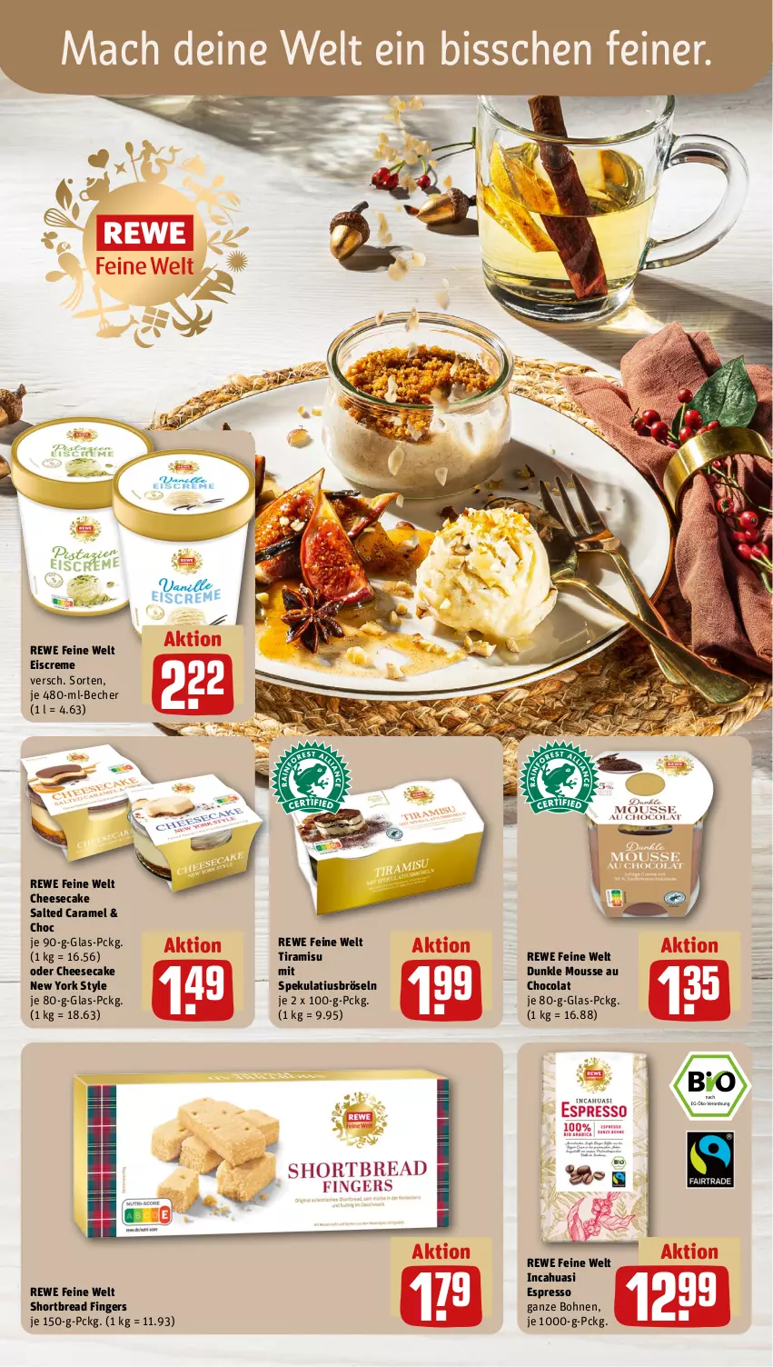 Aktueller Prospekt Rewe - Prospekte - von 02.12 bis 07.12.2024 - strona 13 - produkty: Becher, bohne, bohnen, caramel, cheesecake, cola, creme, eis, eiscreme, espresso, mac, mousse, Mousse au Chocolat, rewe feine welt, Ti, tiramisu, usb, Yo