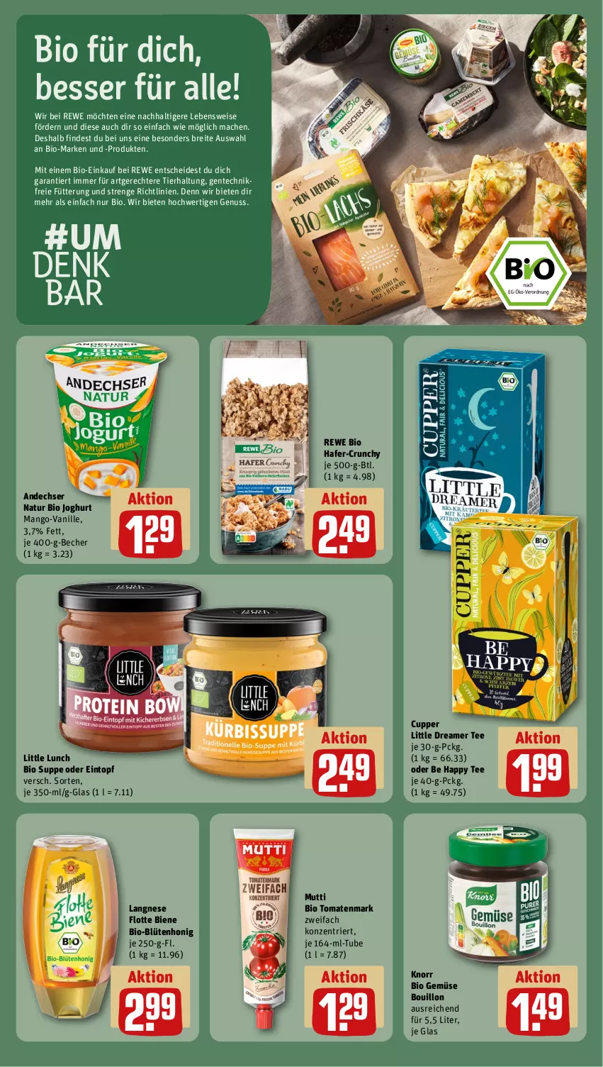 Aktueller Prospekt Rewe - Prospekte - von 02.12 bis 07.12.2024 - strona 14 - produkty: andechser natur, Becher, bio, bio gemüse, Blüte, blütenhonig, Brei, eintopf, eis, ente, gin, hafer, honig, joghur, joghurt, knorr, langnese, mac, mango, Mutti, natur, nuss, rewe bio, suppe, tee, Ti, tomate, tomaten, tomatenmark, topf, vanille