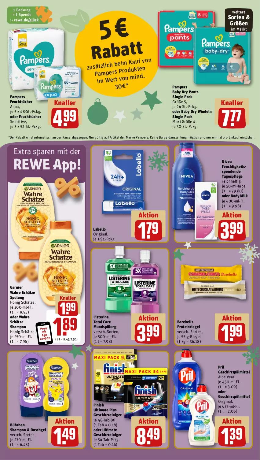 Aktueller Prospekt Rewe - Prospekte - von 02.12 bis 07.12.2024 - strona 16 - produkty: aloe vera, aqua, auto, body, body milk, bübchen, coupon, duschgel, eis, feuchttücher, Finish, garnier, geschirr, geschirrspülmittel, gin, honig, Labello, listerine, mundspülung, nivea, pampers, pampers baby dry, Pants, pril, rebell, reiniger, reis, riegel, shampoo, spülmittel, spülung, Tagespflege, Ti, tisch, total care, tücher, Wahre Schätze, windeln