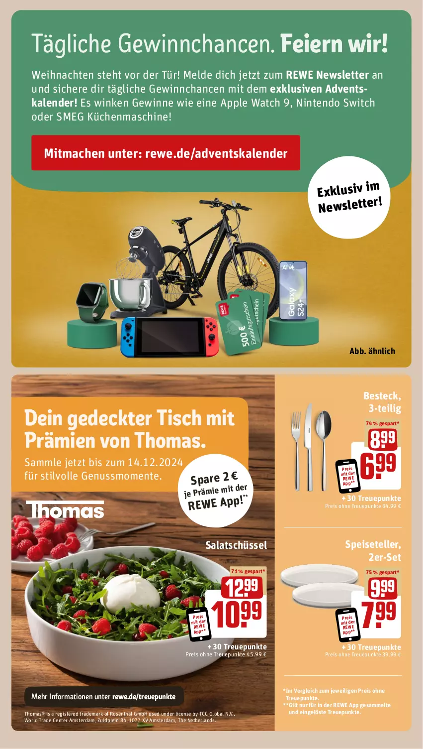 Aktueller Prospekt Rewe - Prospekte - von 02.12 bis 07.12.2024 - strona 17 - produkty: Adventskalender, Apple, Apple Watch, besteck, eier, eis, elle, ente, küche, Küchen, küchenmaschine, mac, nintendo, Nintendo Switch, nuss, reis, rosen, salat, schüssel, Speiseteller, teller, Ti, tisch, weihnachten