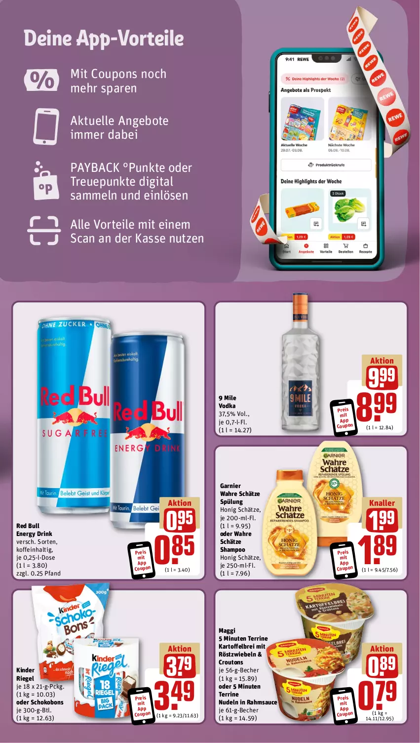 Aktueller Prospekt Rewe - Prospekte - von 02.12 bis 07.12.2024 - strona 3 - produkty: angebot, angebote, Becher, Brei, coupon, coupons, croutons, drink, eis, elle, energy drink, garnier, honig, kartoffel, kartoffelbrei, Kinder, kinder riegel, maggi, mit röstzwiebeln, nudel, nudeln, payback, red bull, reis, riegel, röstzwiebeln, sauce, schoko, shampoo, spülung, terrine, Ti, vodka, Wahre Schätze, zwiebel, zwiebeln