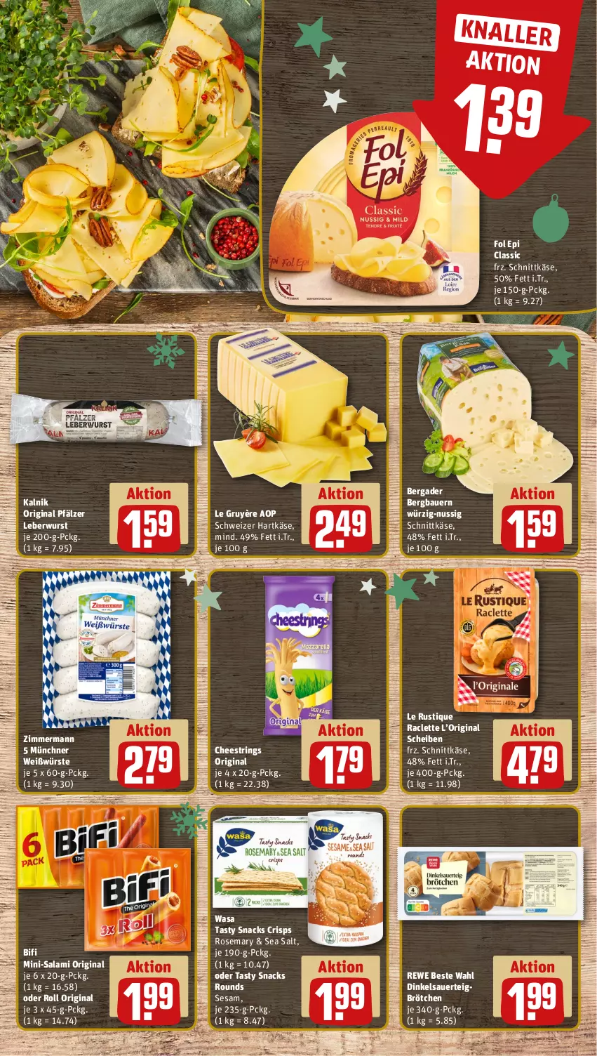 Aktueller Prospekt Rewe - Prospekte - von 02.12 bis 07.12.2024 - strona 9 - produkty: auer, Bau, Bauer, bergader, bifi, brötchen, fol epi, gin, hartkäse, Käse, Le Rustique, leberwurst, Mini-Salami, nuss, rewe beste wahl, ring, salami, schnittkäse, schweizer hartkäse, sesam, snack, snacks, String, Ti, wasa, wurst