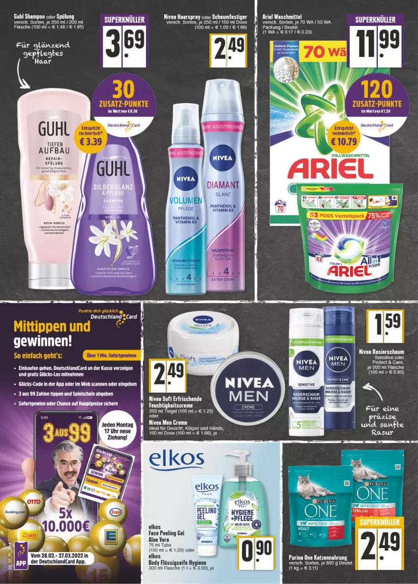 Aktueller Prospekt E Center - Angebote der Woche - von 28.02 bis 05.03.2022 - strona 14 - produkty: aloe vera, Bau, beutel, bio, body, creme, deo, deutschlandcard, eier, elkos, ente, feuchtigkeitscreme, flasche, flüssigseife, Guhl, haarspray, katzennahrung, mousse, nivea, oder schaumfestiger, Peeling, purina, Rana, Rasierschaum, rel, schaumfestiger, Seife, Ti, vollwaschmittel, waschmittel