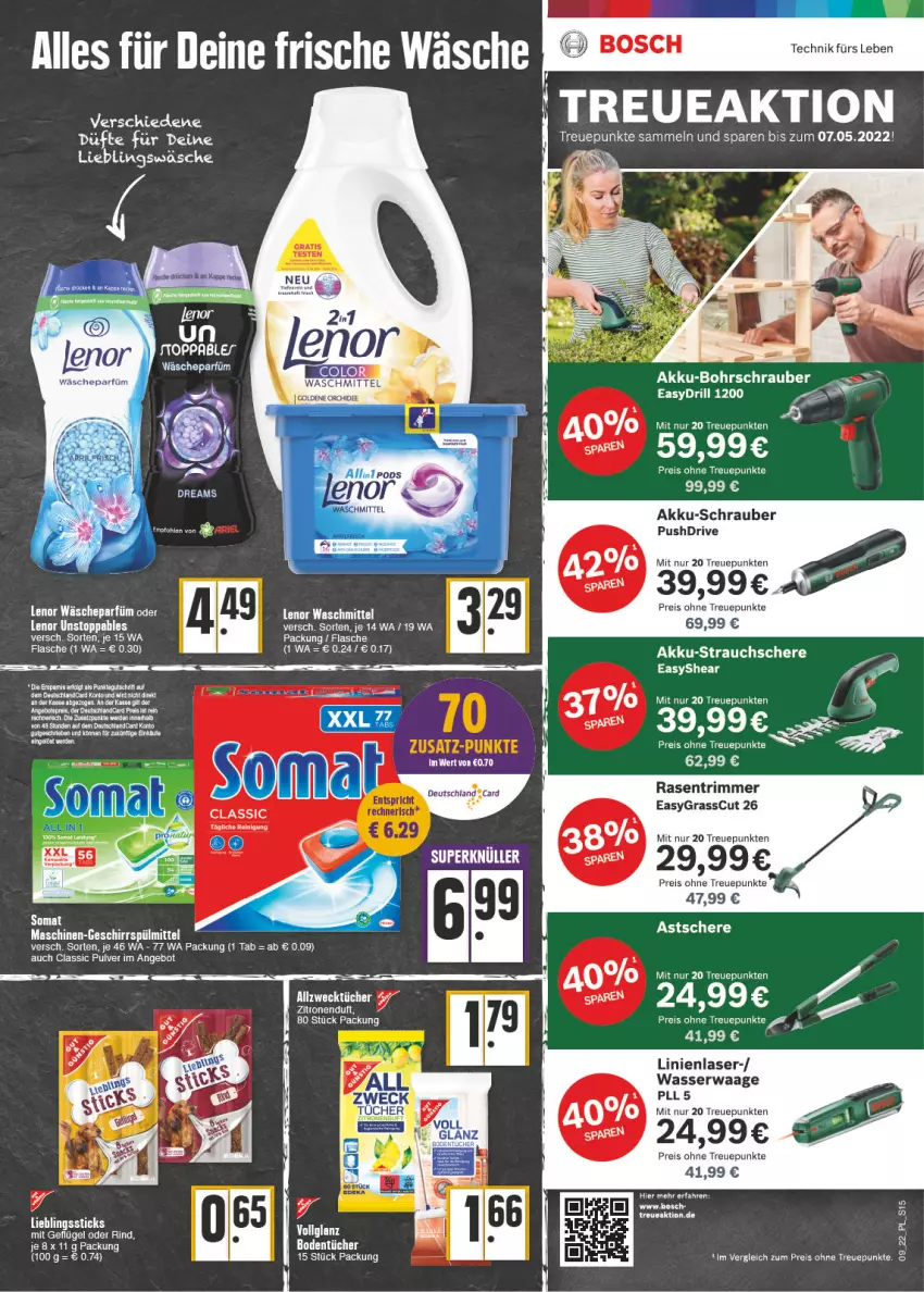 Aktueller Prospekt E Center - Angebote der Woche - von 28.02 bis 05.03.2022 - strona 15 - produkty: akku, akku-bohrschrauber, Allzwecktücher, angebot, Bohrschrauber, eis, erde, flasche, Geflügel, geschirr, geschirrspülmittel, gsw, lenor, Pods, rasen, rasentrimmer, Rauch, reis, rind, Schere, somat, spülmittel, Strauchschere, Ti, tücher, Waage, wäscheparfüm, wasser, weck, zitrone, zitronen