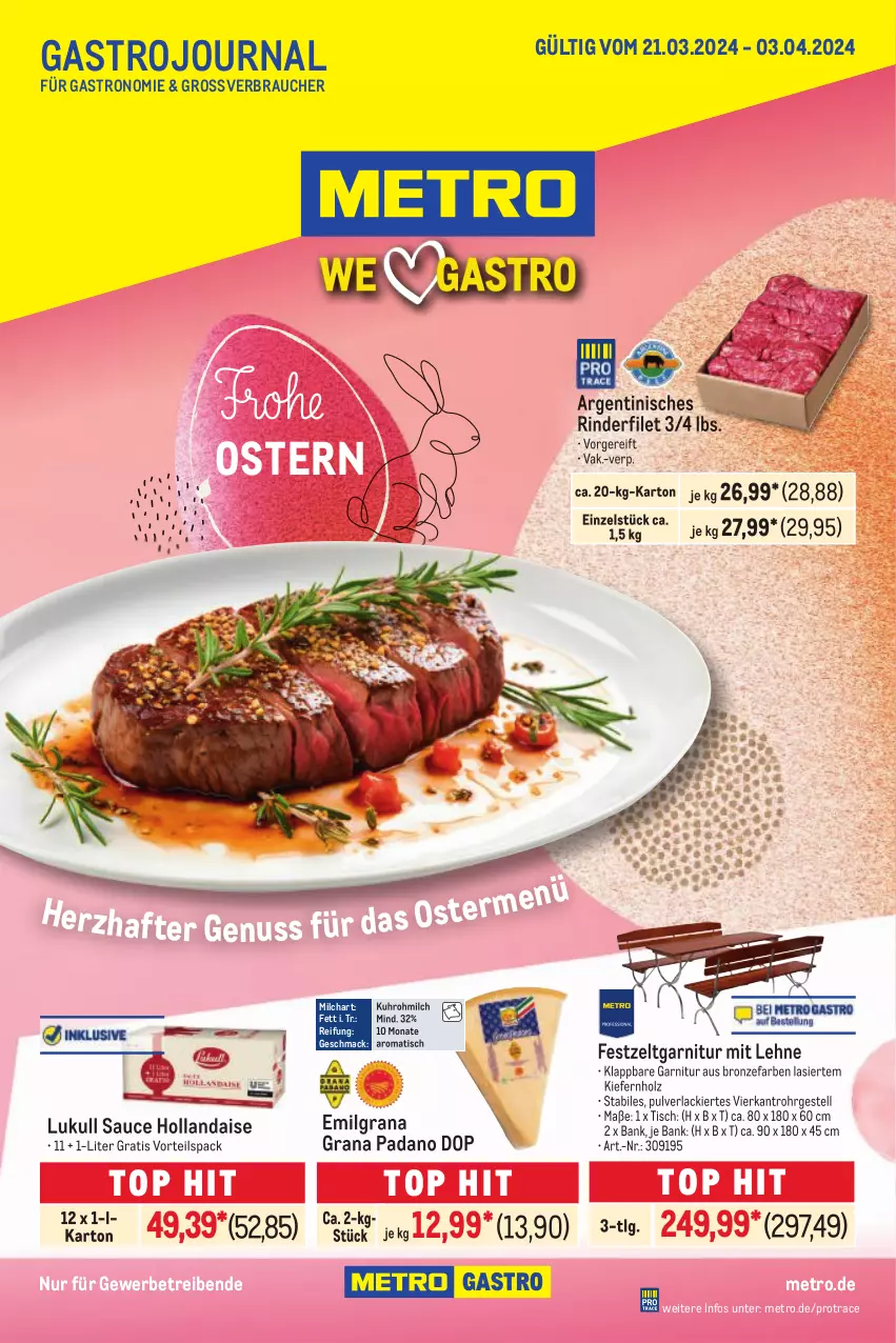 Aktueller Prospekt Metro - GastroJournal - von 21.03 bis 03.04.2024 - strona 1 - produkty: Bank, filet, garnitur, grana, grana padano, hollandaise, Holz, lack, LG, lukull, mac, Metro, milch, nuss, padano, Rana, Rauch, rind, rinder, rinderfilet, sauce, sauce hollandaise, Ti, tisch, uhr, Zelt