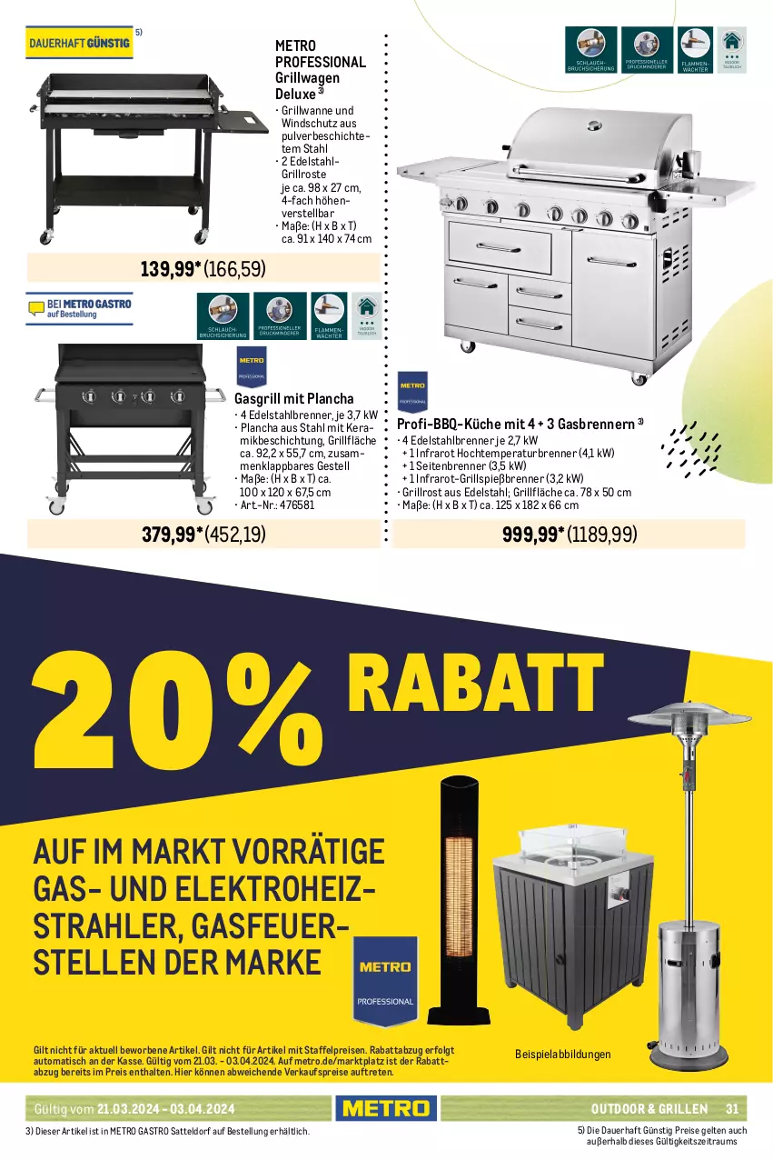 Aktueller Prospekt Metro - GastroJournal - von 21.03 bis 03.04.2024 - strona 31 - produkty: auer, auto, Bank, beispielabbildung, bier, edelstahl, eis, Elektro, elle, ente, garnitur, Garten, gartensessel, gartenstuhl, gartentisch, gasgrill, grill, grillfläche, grillrost, Holz, HP, küche, lack, latte, LG, Metro, metro gastro, pavillon, reis, rückenlehne, sattel, sessel, stuhl, Ti, tisch, tischplatte, Wanne, Windschutz, Zelt