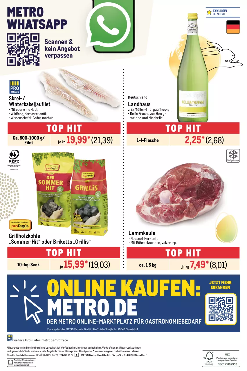 Aktueller Prospekt Metro - GastroJournal - von 21.03 bis 03.04.2024 - strona 36 - produkty: abholpreise, angebot, angebote, auer, briketts, eis, elle, filet, flasche, frucht, grill, grillholzkohle, Holz, holzkohle, honig, honigmelone, ilag, kabeljaufilet, lamm, lammkeule, melone, Metro, Müller, Müller-Thurgau, Rauch, reis, Ria, rwe, sac, Ti, Wild