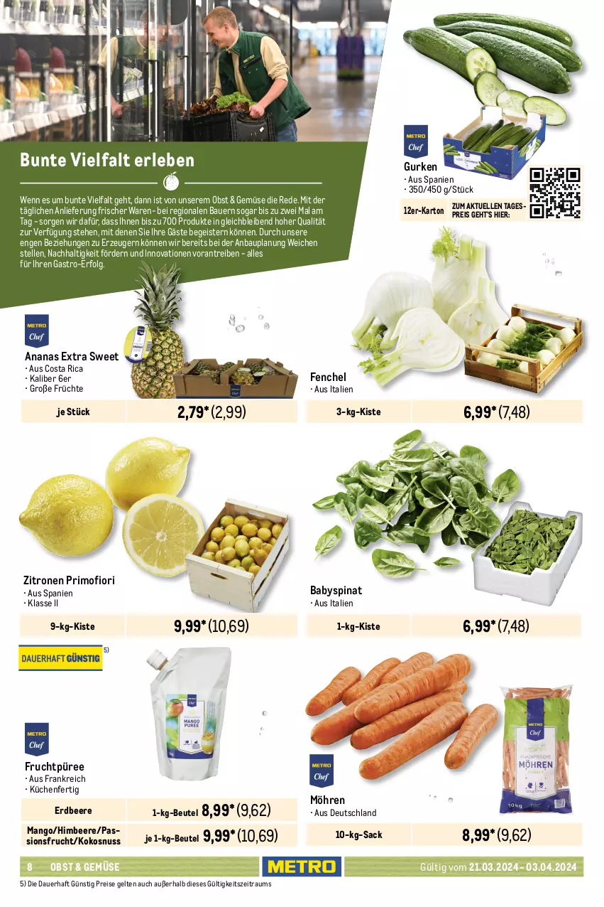 Aktueller Prospekt Metro - GastroJournal - von 21.03 bis 03.04.2024 - strona 8 - produkty: ananas, auer, Babyspinat, baguette, Bau, Bauer, beere, beeren, beutel, Blaubeer, blaubeere, brombeere, brombeeren, butter, buttermilch, cola, Croissant, eis, elle, ente, erdbeere, fenchel, frucht, früchte, geback, gurke, gurken, himbeer, himbeere, himbeeren, kokos, kokosnuss, korb, küche, Küchen, kuchen, LG, mandel, mandeln, mango, Metro, milch, möhren, nuss, obst, passionsfrucht, püree, reis, sac, sahne, schnitten, schoko, spinat, Ti, tiefkühlkost, tiramisu, zitrone, zitronen