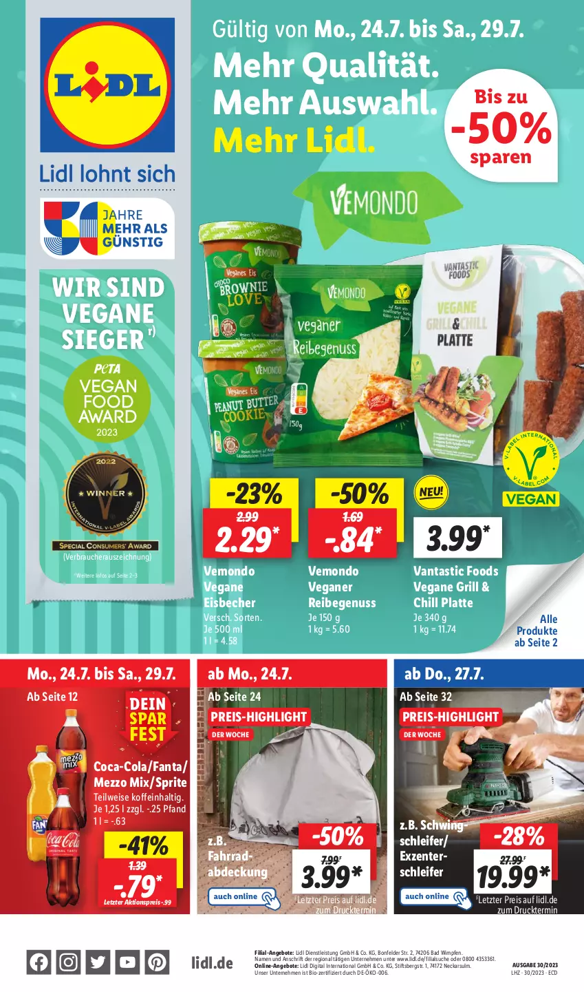 Aktueller Prospekt Lidl - Aktionsprospekt - von 24.07 bis 29.07.2023 - strona 1 - produkty: aktionspreis, angebot, angebote, asti, Bad, Becher, bio, coca-cola, cola, eis, eisbecher, ente, Fahrrad, fanta, grill, latte, Mezzo Mix, nuss, Rauch, reis, sprite, Ti, ZTE