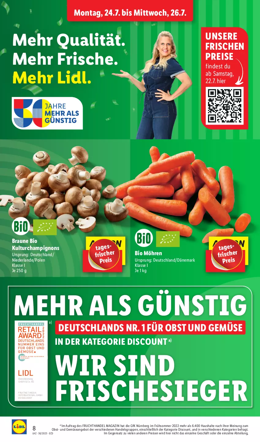 Aktueller Prospekt Lidl - Aktionsprospekt - von 24.07 bis 29.07.2023 - strona 14 - produkty: Abtei, angebot, bio, braun, champignon, champignons, discount, eis, ente, frucht, magazin, möhren, obst, Obst und Gemüse, reis, Ti, und gemüse