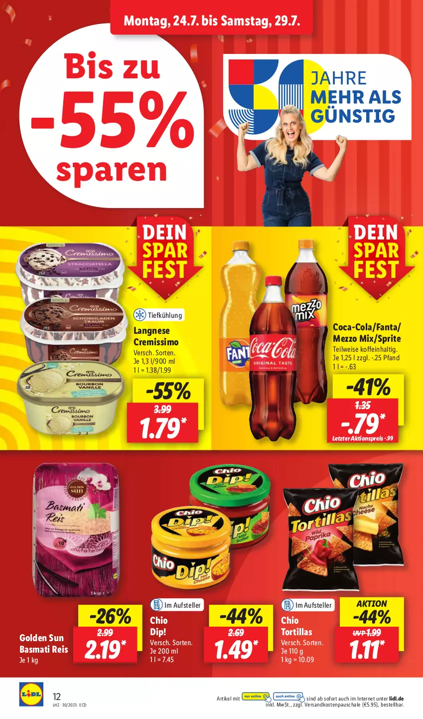 Aktueller Prospekt Lidl - Aktionsprospekt - von 24.07 bis 29.07.2023 - strona 18 - produkty: aktionspreis, basmati, Basmati Reis, coca-cola, cola, cremissimo, dip, eis, elle, fanta, langnese, langnese cremissimo, Mezzo Mix, ndk, reis, Schal, Schale, sim, sprite, teller, Ti, tortilla, tortillas, ZTE