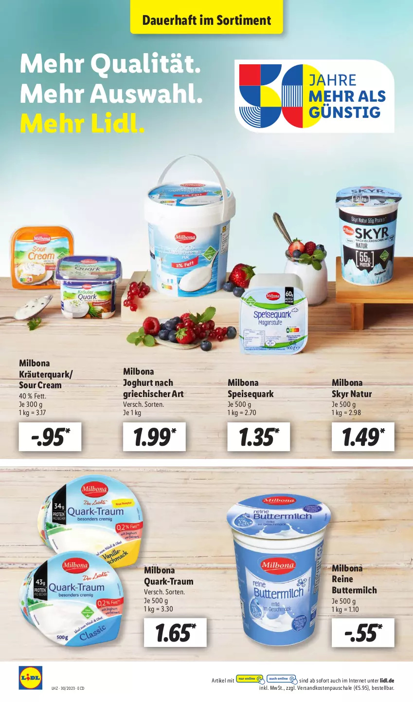 Aktueller Prospekt Lidl - Aktionsprospekt - von 24.07 bis 29.07.2023 - strona 26 - produkty: auer, Bona, butter, buttermilch, eis, joghur, joghurt, joghurt nach, kräuter, Milbona, milch, natur, ndk, quark, reine buttermilch, Schal, Schale, Skyr, sour cream, speisequark, Ti