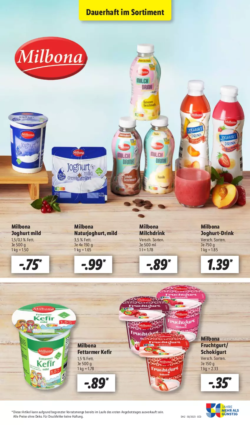 Aktueller Prospekt Lidl - Aktionsprospekt - von 24.07 bis 29.07.2023 - strona 27 - produkty: angebot, auer, Bona, drink, eis, frucht, Fruchtgurt, joghur, joghurt, joghurt mild, Kefir, Milbona, milch, natur, naturjoghurt, reis, Ti, ZTE