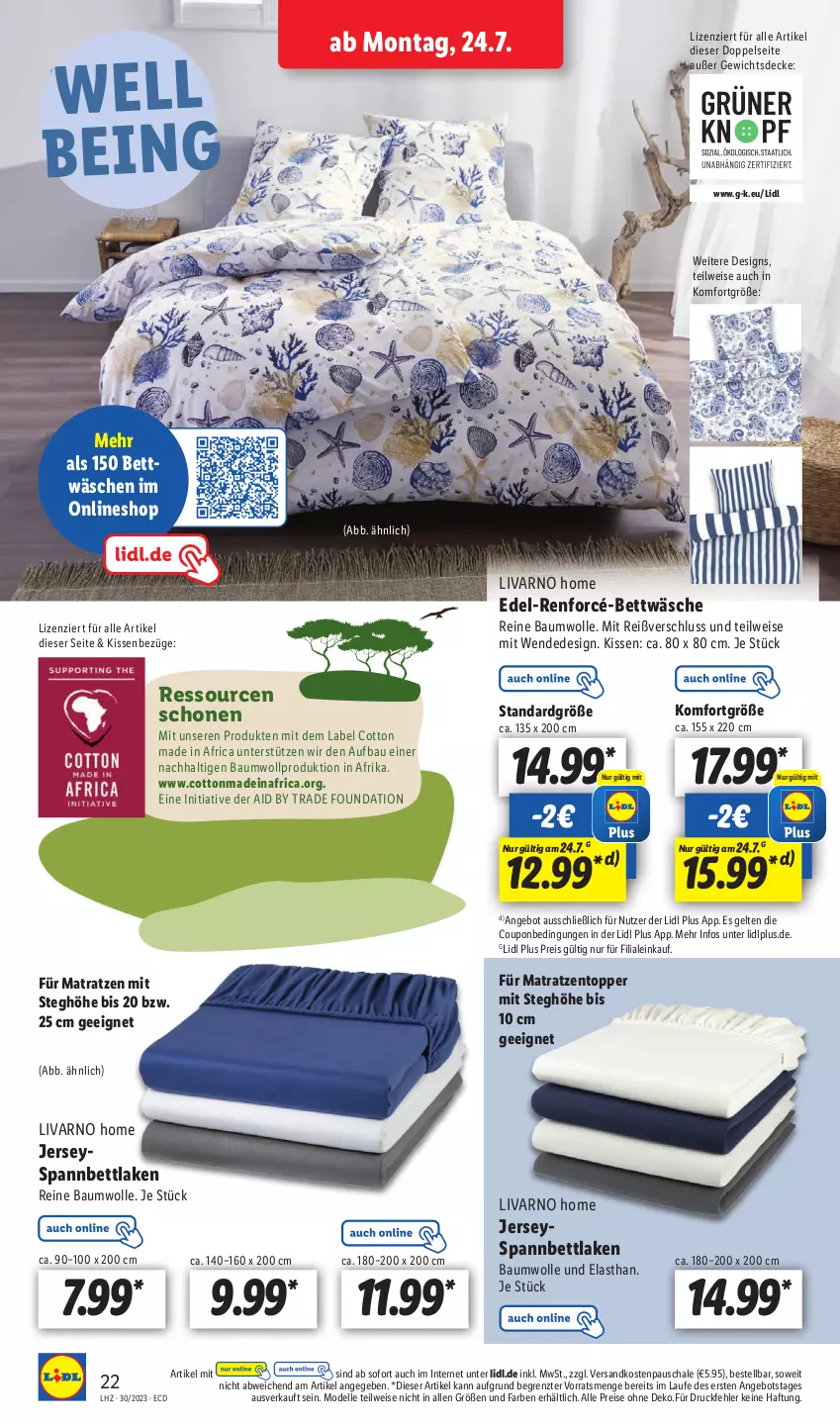 Aktueller Prospekt Lidl - Aktionsprospekt - von 24.07 bis 29.07.2023 - strona 34 - produkty: angebot, Bau, baumwolle, bett, bettwäsche, coupon, decke, dell, eis, elle, kissen, matratze, matratzen, Matratzentopper, Mode, ndk, reine baumwolle, reis, renforcé-bettwäsche, Schal, Schale, spannbettlaken, Ti, topper, wolle, ZTE