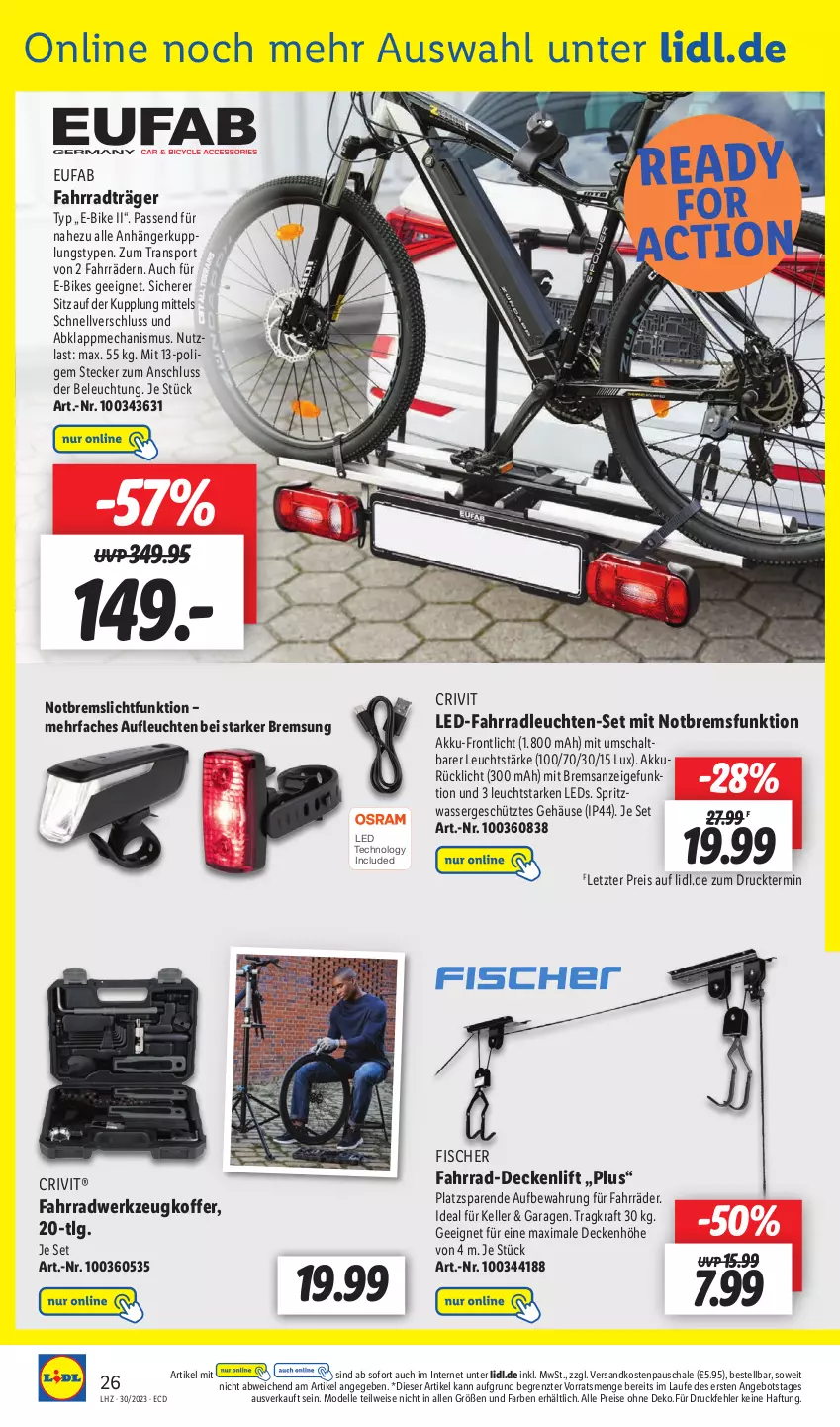 Aktueller Prospekt Lidl - Aktionsprospekt - von 24.07 bis 29.07.2023 - strona 38 - produkty: akku, angebot, Anhänger, beleuchtung, crivit, decke, dell, E-Bike, E-Bikes, eis, elle, emsa, eufab, Fahrrad, fisch, fische, Fischer, gefu, koffer, kraft, leds, Leuchte, leuchten, LG, Mode, ndk, reis, rücklicht, Schal, Schale, Sport, Ti, wasser, werkzeug, ZTE