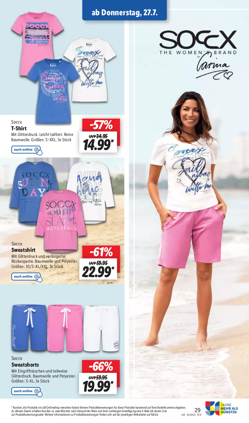 Aktueller Prospekt Lidl - Aktionsprospekt - von 24.07 bis 29.07.2023 - strona 43 - produkty: Bau, baumwolle, eis, reine baumwolle, shirt, shorts, Sweatshirt, sweatshorts, T-Shirt, Tasche, taschen, Ti, weck, wolle