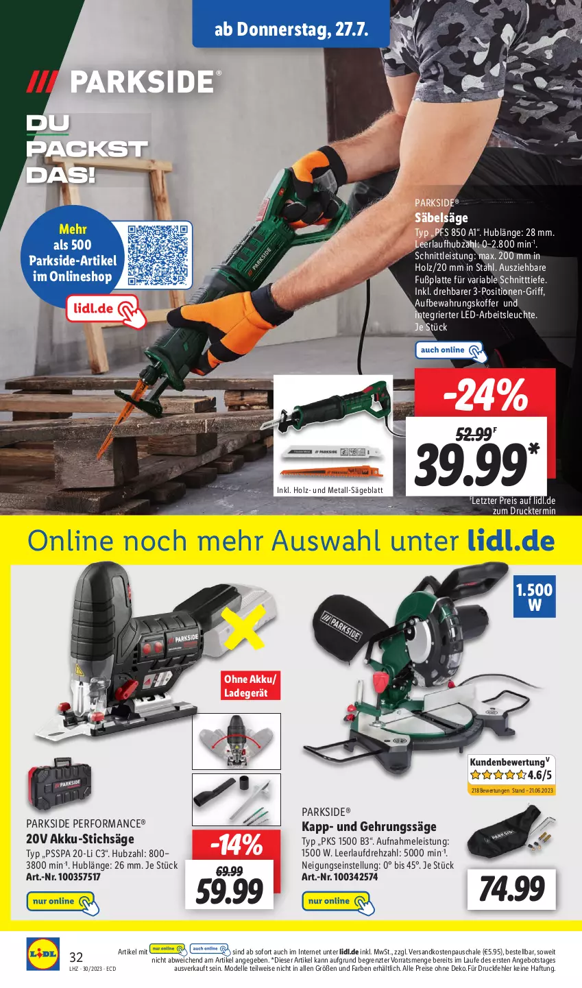 Aktueller Prospekt Lidl - Aktionsprospekt - von 24.07 bis 29.07.2023 - strona 46 - produkty: akku, angebot, Arbeitsleuchte, aufbewahrungskoffer, dell, eis, elle, Gehrungssäge, Holz, koffer, ladegerät, latte, Leuchte, LG, Mode, ndk, Parkside, reis, Ria, Säbelsäge, säge, Schal, Schale, stichsäge, Ti, ZTE