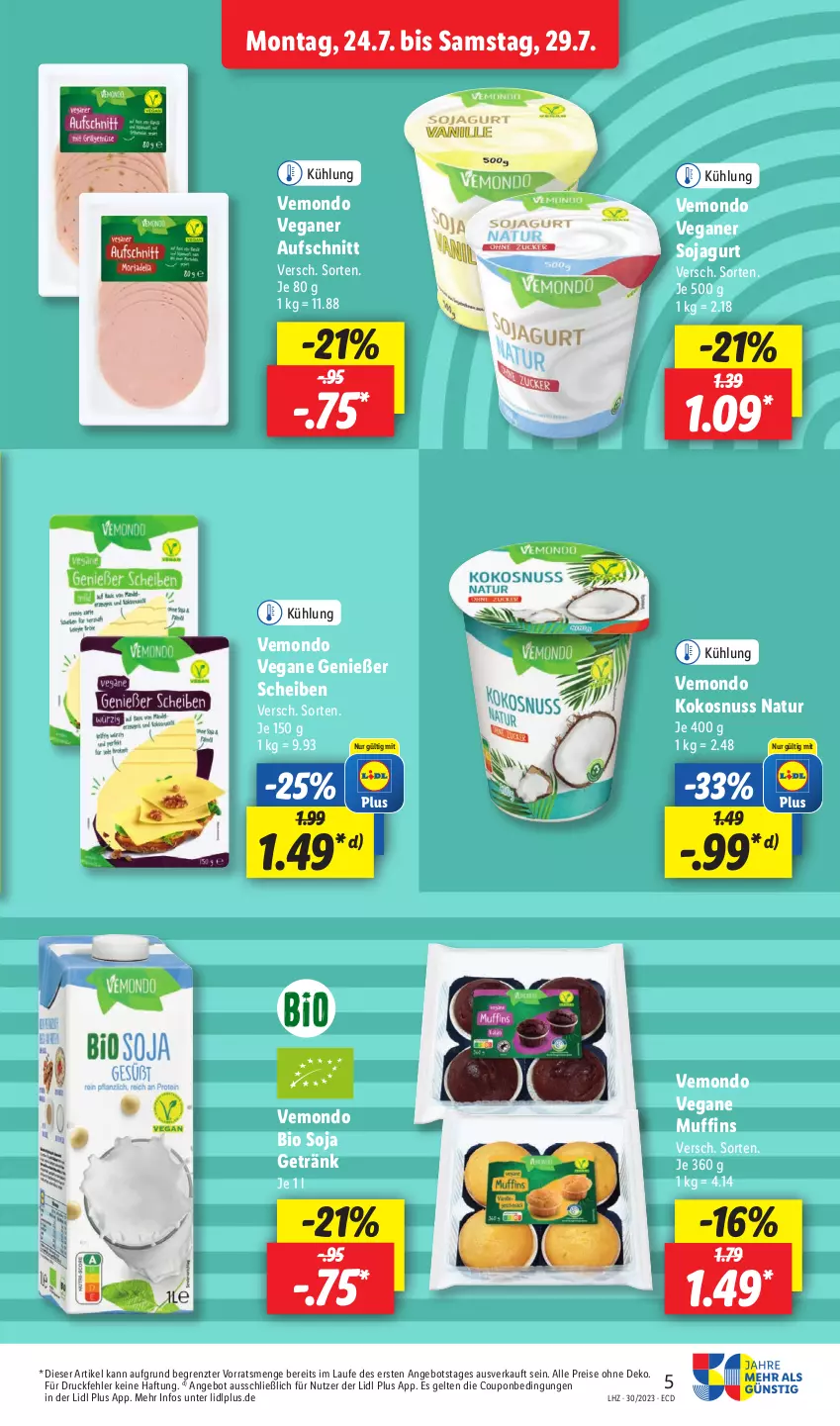 Aktueller Prospekt Lidl - Aktionsprospekt - von 24.07 bis 29.07.2023 - strona 5 - produkty: angebot, aufschnitt, bio, coupon, eis, getränk, kokos, kokosnuss, Muffin, muffins, natur, nuss, reis, soja, Ti, ZTE