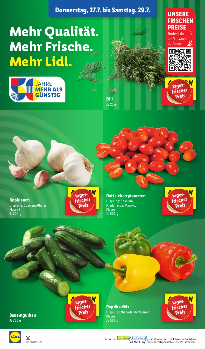 Aktueller Prospekt Lidl - Aktionsprospekt - von 24.07 bis 29.07.2023 - strona 50 - produkty: auer, Bau, Bauer, cherrytomaten, eis, gurke, gurken, knoblauch, ndk, paprika, reis, Schal, Schale, Ti, tomate, tomaten