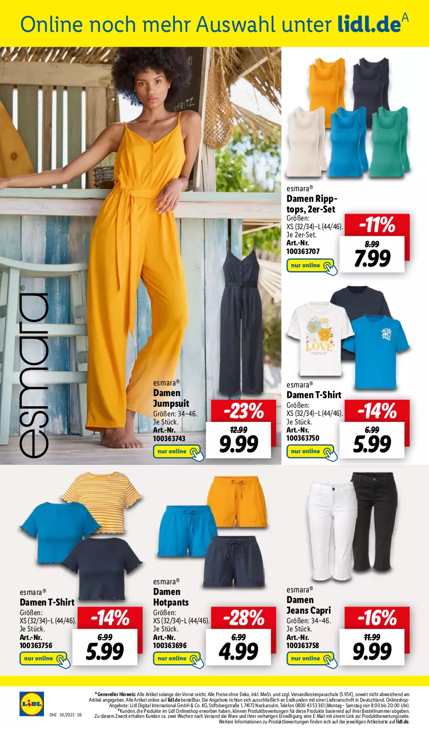 Aktueller Prospekt Lidl - Aktionsprospekt - von 24.07 bis 29.07.2023 - strona 66 - produkty: angebot, angebote, Cap, damen t-shirt, eis, elle, esmara, jeans, jumpsuit, ndk, Pants, reis, rel, Schal, Schale, shirt, T-Shirt, telefon, Ti, uhr, weck