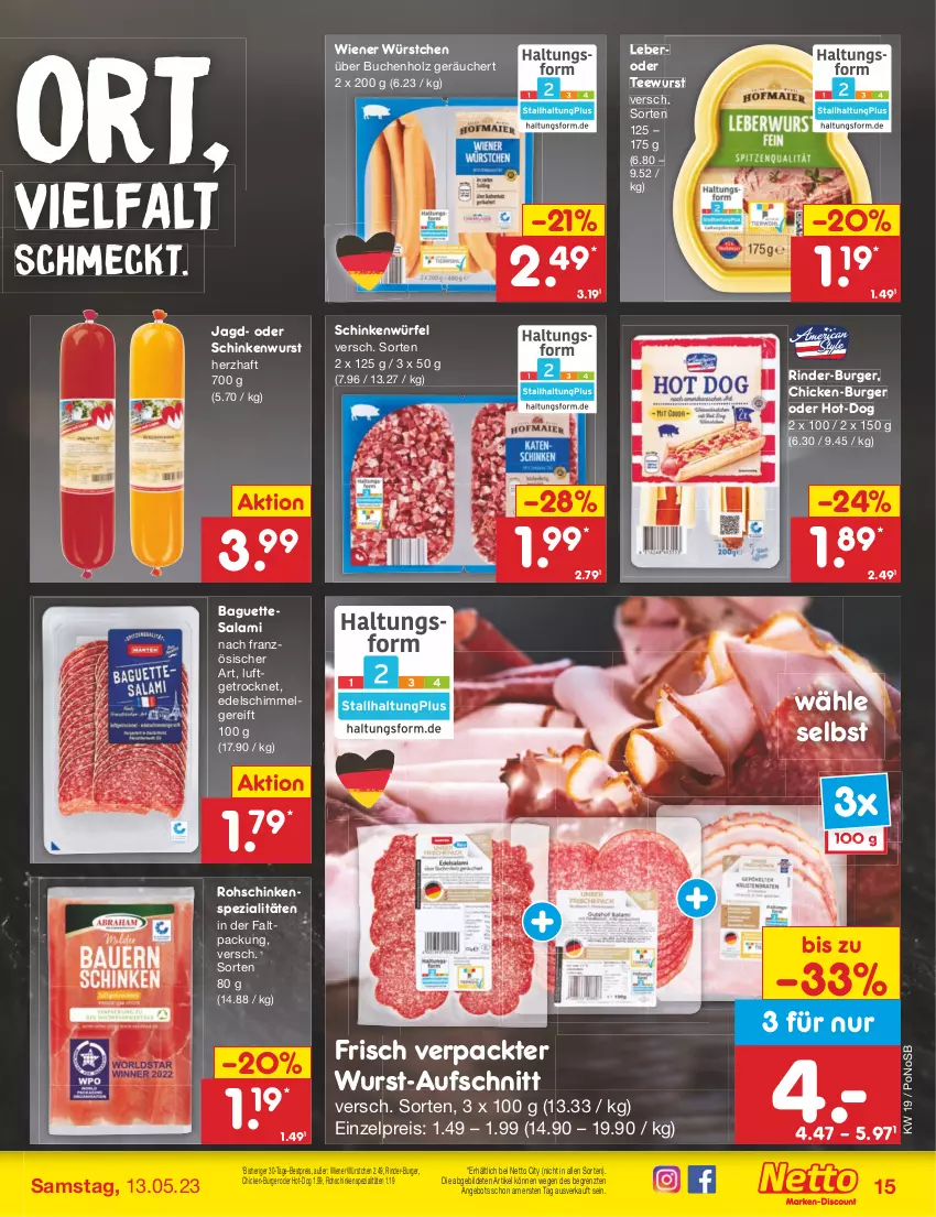 Aktueller Prospekt Netto Marken-Discount - Filial-Angebote - von 08.05 bis 13.05.2023 - strona 15 - produkty: angebot, aufschnitt, baguette, baguettes, bestpreis, buch, burger, eis, Holz, LG, reis, rind, rinder, rohschinken, salami, schinken, schinkenwurst, Spezi, tee, teewurst, tesa, Ti, wiener, wiener würstchen, würfel, wurst, würstchen, ZTE