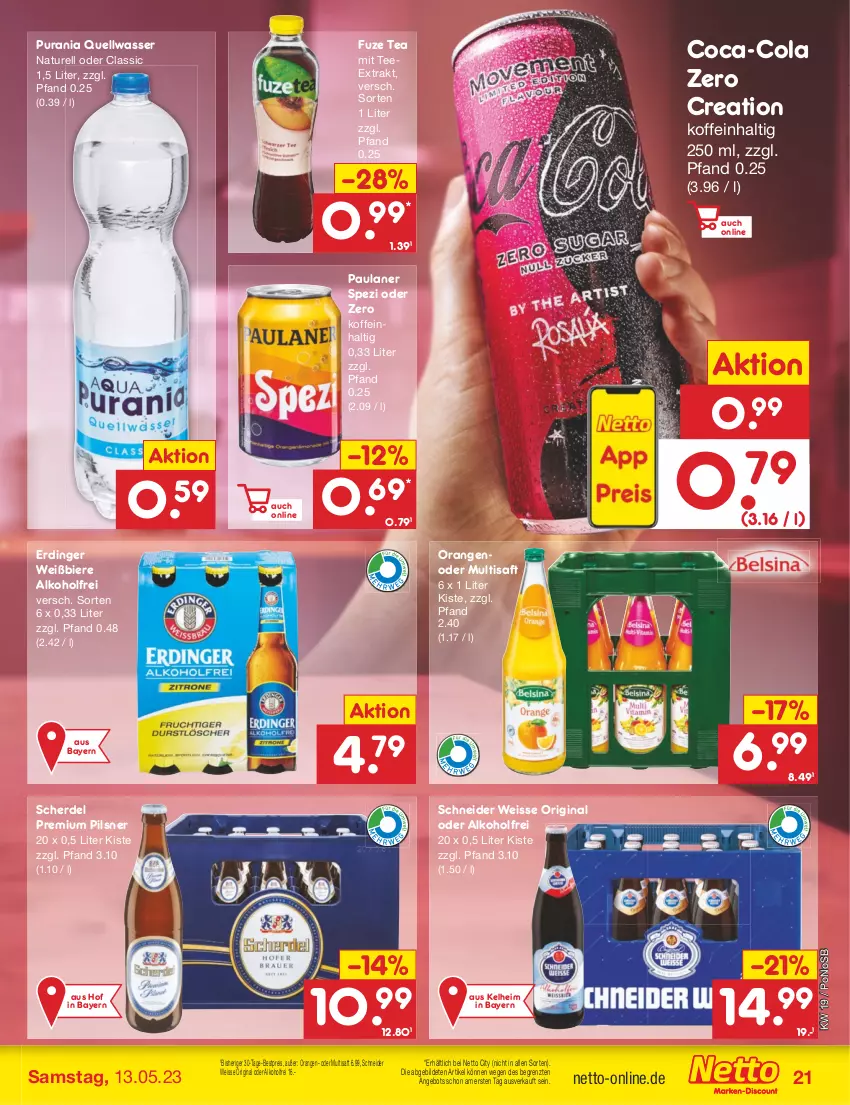 Aktueller Prospekt Netto Marken-Discount - Filial-Angebote - von 08.05 bis 13.05.2023 - strona 21 - produkty: alkohol, angebot, bestpreis, bier, Biere, coca-cola, cola, eis, erde, erdinger, fuze tea, gin, natur, orange, orangen, Paula, paulaner, pils, pilsner, premium pils, reis, rel, saft, Spezi, tee, Ti, wasser, ZTE