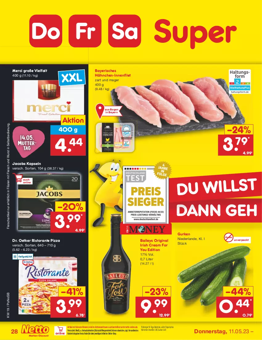 Aktueller Prospekt Netto Marken-Discount - Filial-Angebote - von 08.05 bis 13.05.2023 - strona 28 - produkty: asti, baileys, bestpreis, Dr. Oetker, eis, filet, fleisch, gin, gurke, gurken, irish cream, jacobs, merci, ndk, pizza, reis, ristorante, ristorante pizza, Ti, wurst, wurst in selbstbedienung, Yo