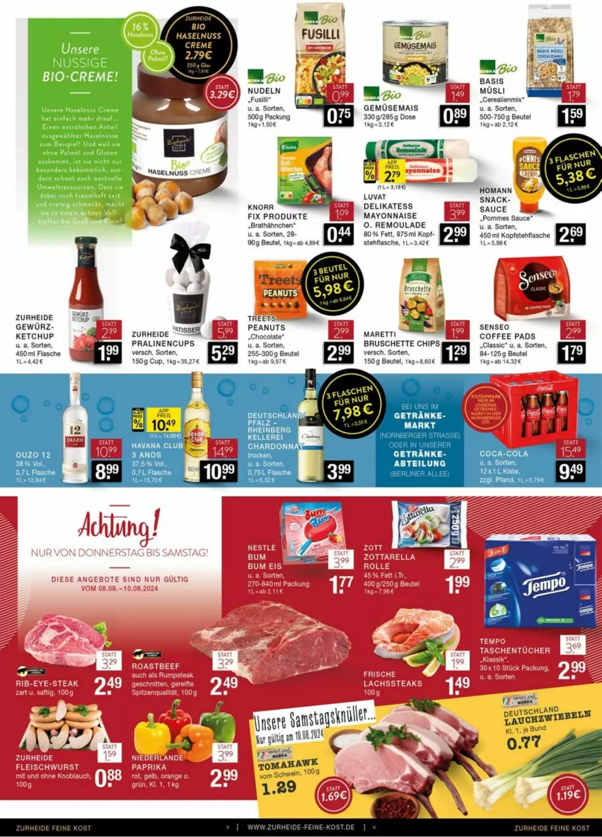 Aktueller Prospekt Edeka - Prospekte - von 03.08 bis 10.08.2024 - strona 8 - produkty: Abtei, beutel, bio, Bruschette, chips, coca-cola, cola, creme, eis, elle, flasche, fusilli, gemüsemais, getränk, getränke, gewürz, Havana Club, homann, ketchup, knorr, mab, mais, mayonnaise, müsli, nudel, nudeln, nuss, ouzo, ouzo 12, pommes, pralinen, remoulade, sauce, schwein, senseo, snack, Ti, wein, Yo