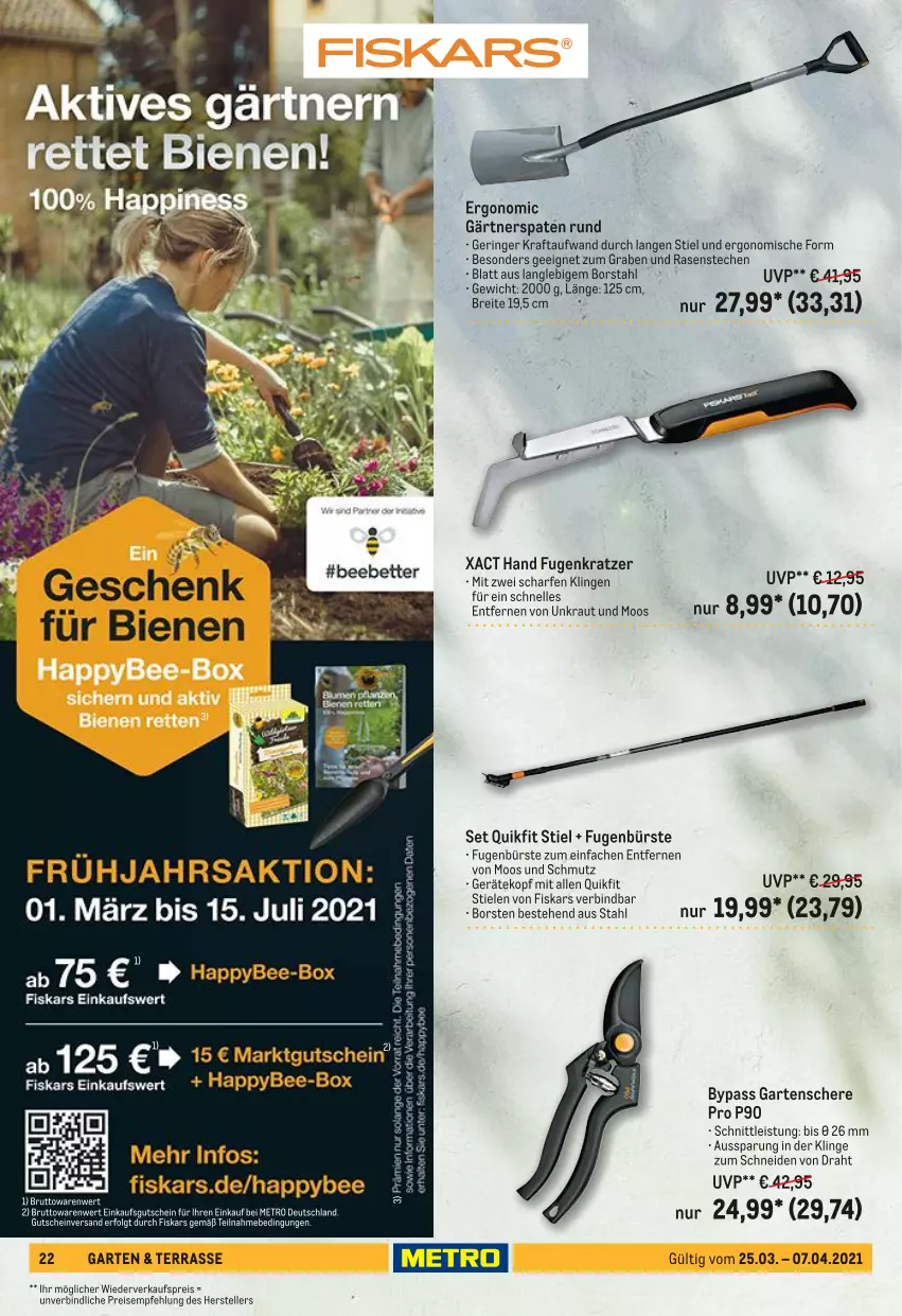 Aktueller Prospekt Metro - Garten und Terrasse - von 25.03 bis 07.04.2021 - strona 22 - produkty: Brei, bürste, Draht, eis, elle, fiskars, Fugenbürste, Garten, Gartenschere, kraft, Kraut, rasen, reis, ring, Schere, Spaten, teller, Ti